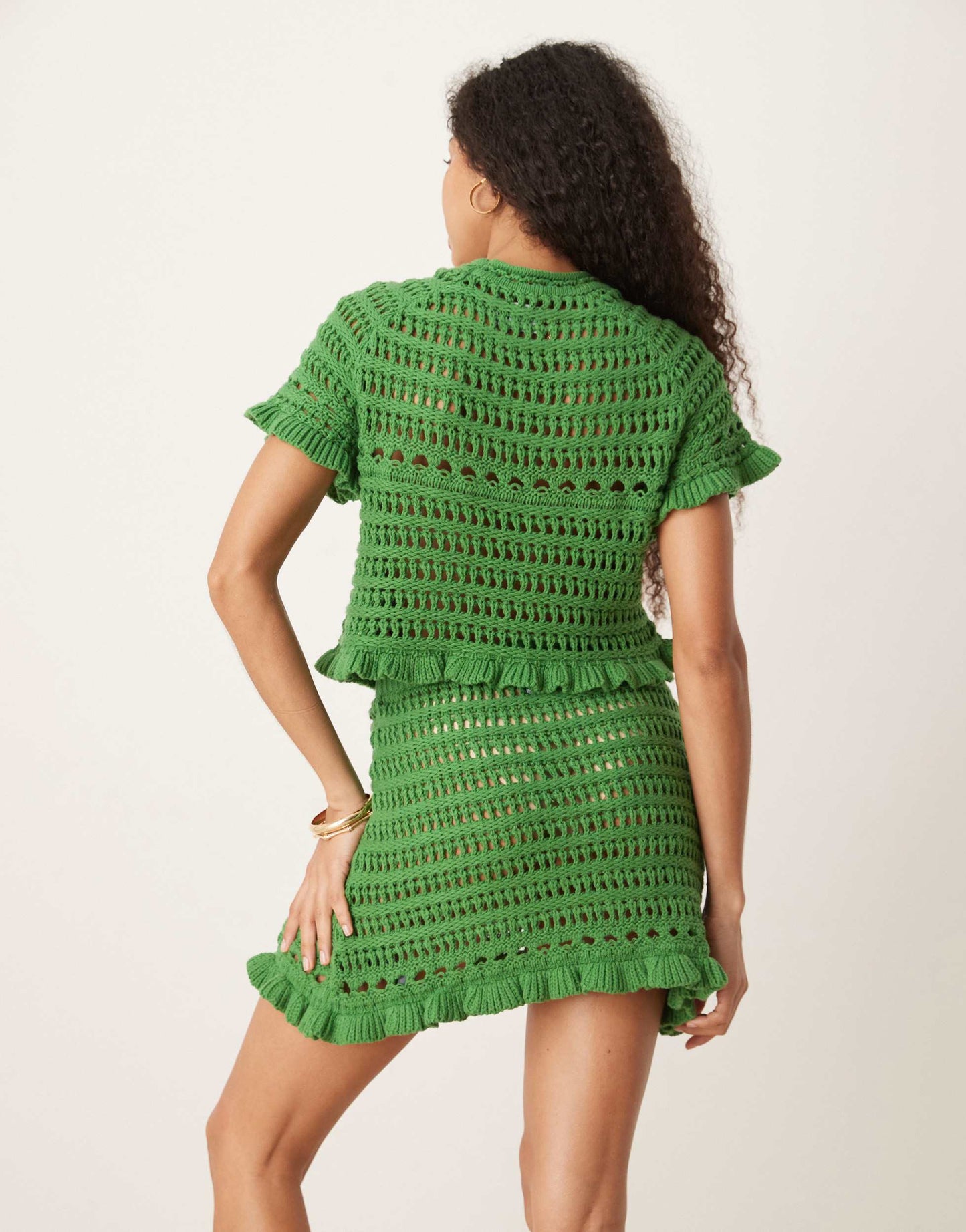 ASOS DESIGN co-ord open stitch t-shirt with crochet applique in khaki