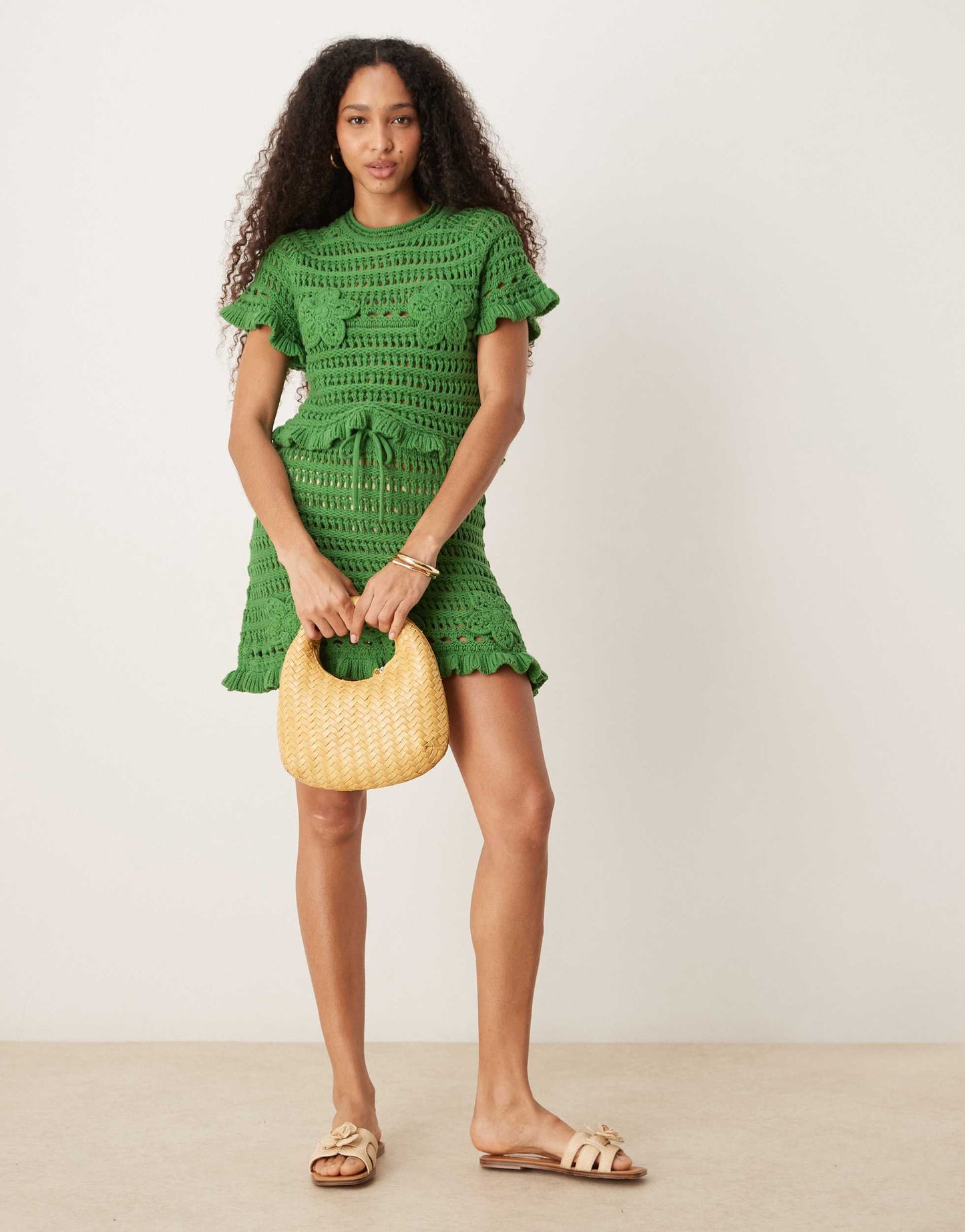 ASOS DESIGN co-ord open stitch t-shirt with crochet applique in khaki