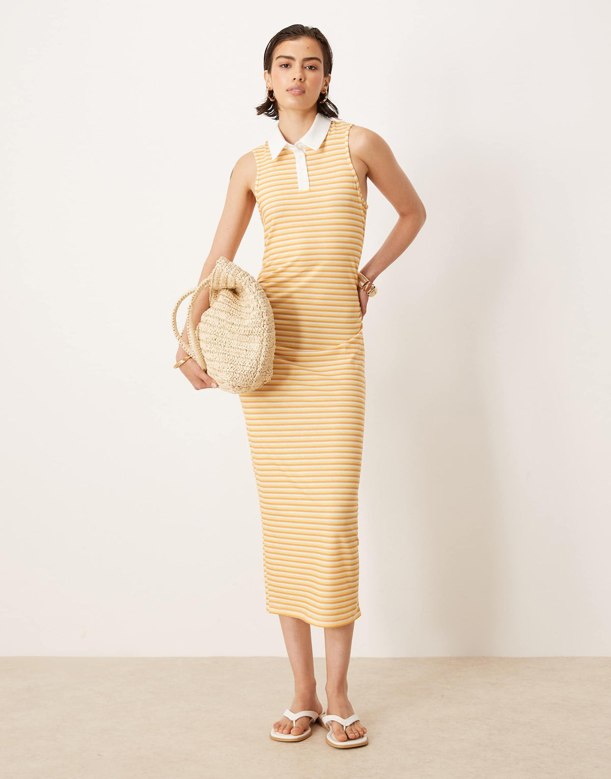ASOS DESIGN sleeveless polo ruched waist midi dress in yellow stripe