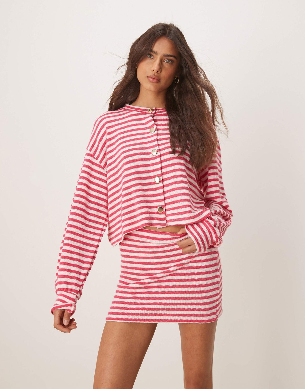 ASOS DESIGN knitted mini skirt co-ord in dark pink stripe