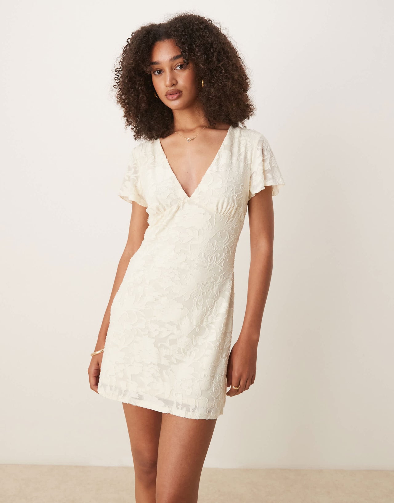 ASOS DESIGN flutter sleeve V neck mini dress in neutral burnout