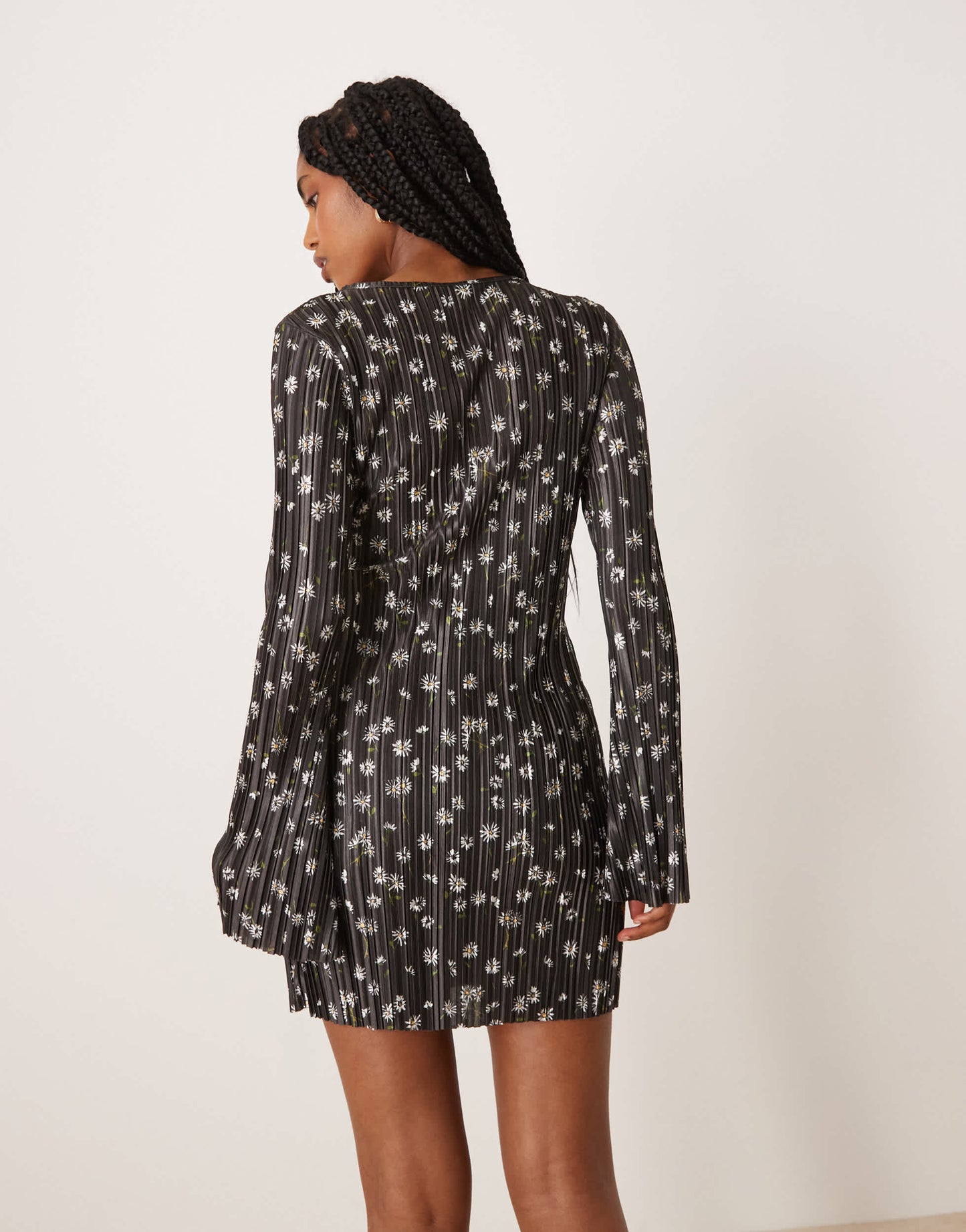 ASOS DESIGN plisse long angel sleeve wrap front mini dress in daisy print