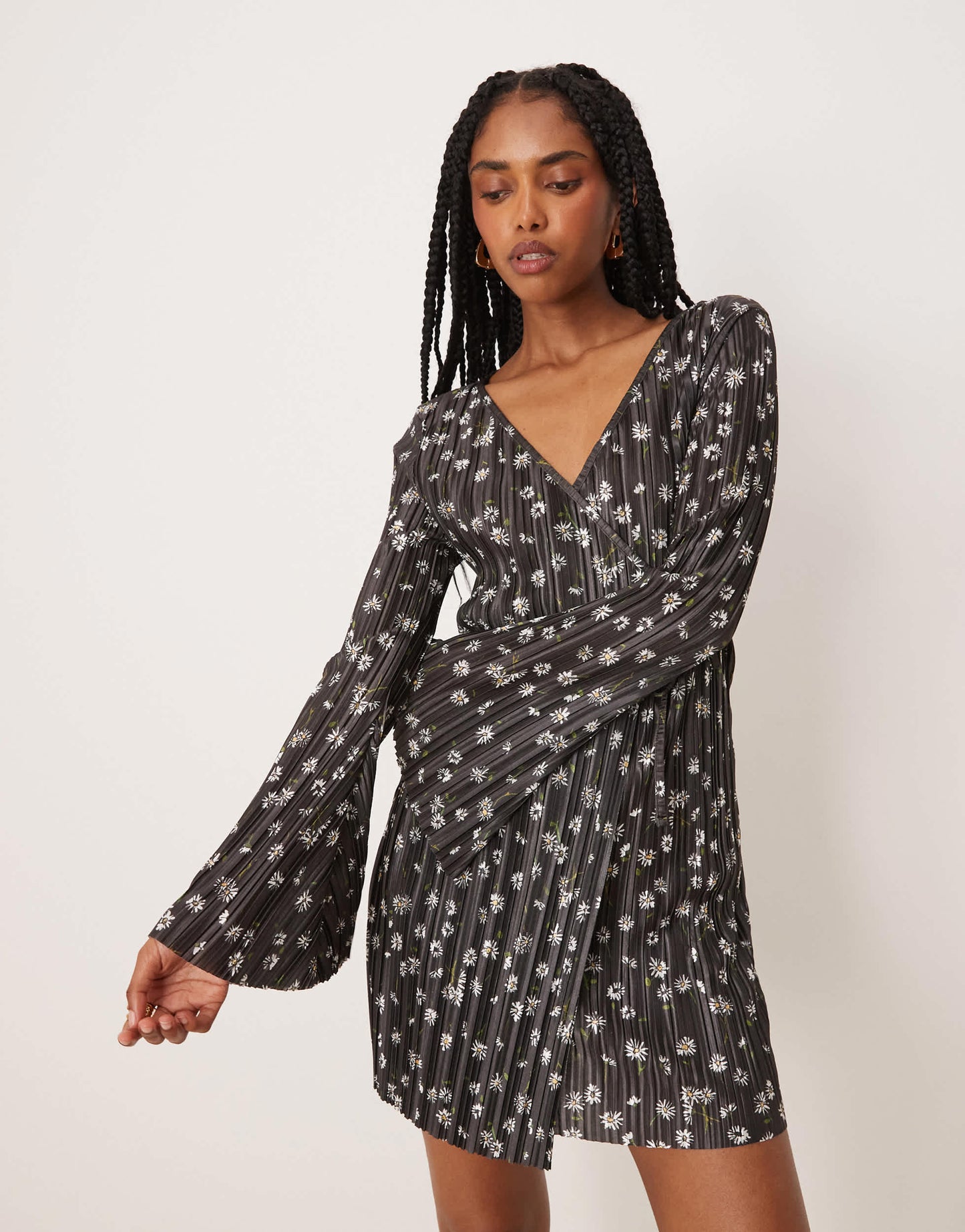 ASOS DESIGN plisse long angel sleeve wrap front mini dress in daisy print