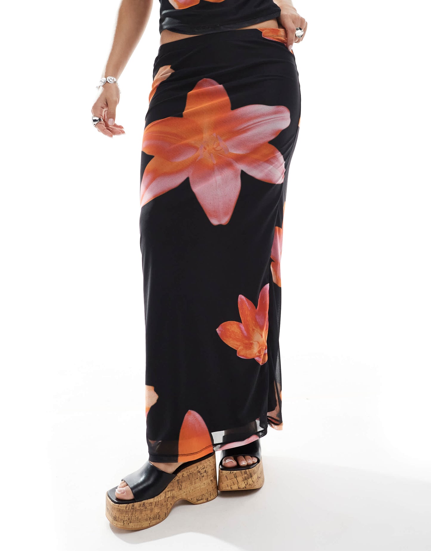 JJXX mesh maxi skirt co cord with flower print