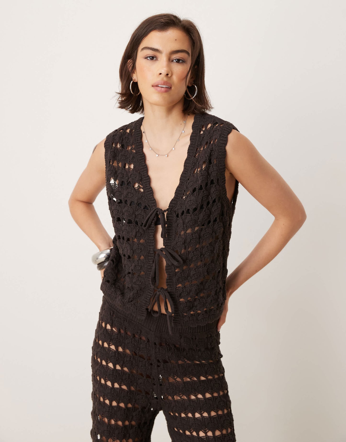 ASOS DESIGN open stitch crochet tie front knitted waistcoat in chocolate - BROWN