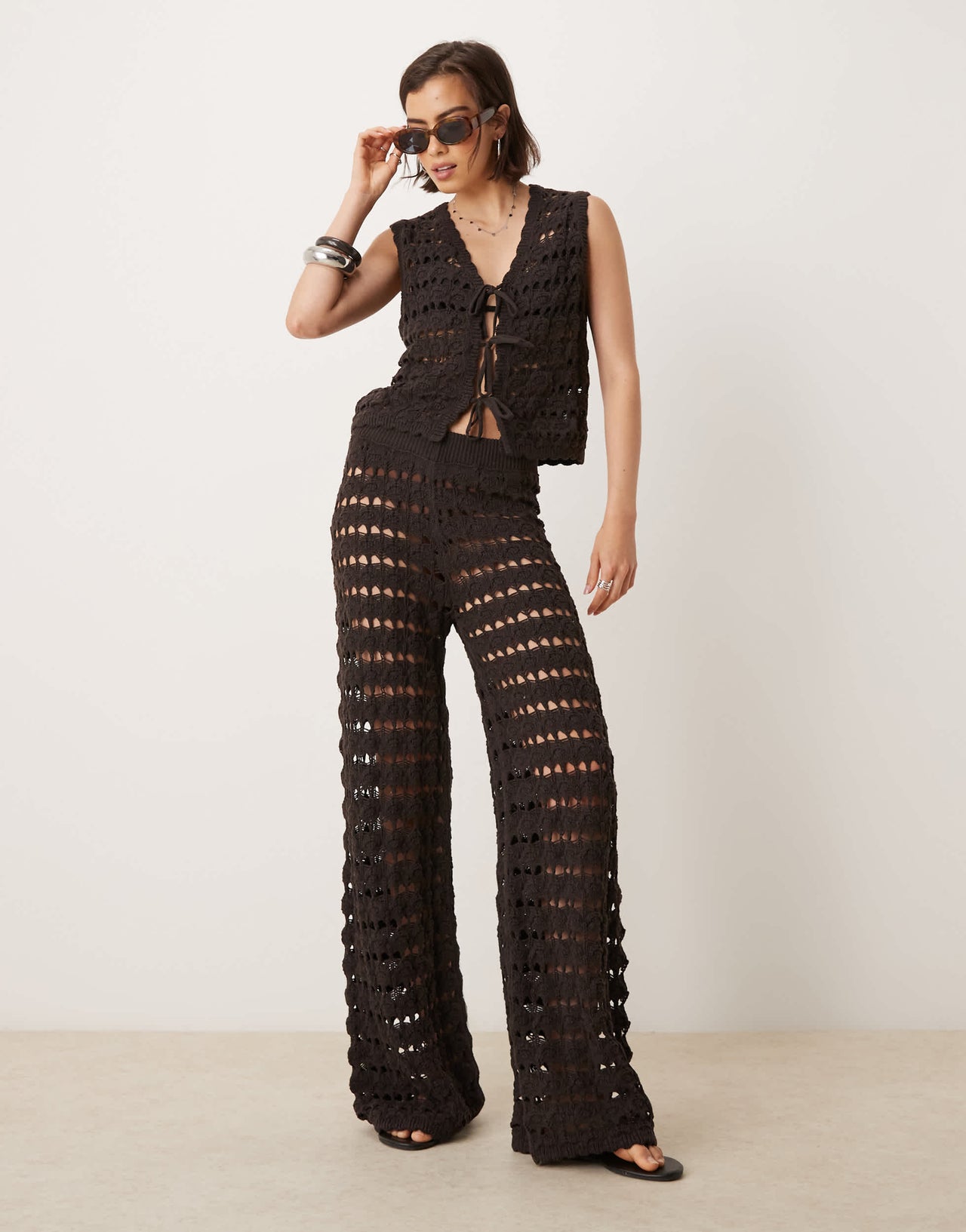 ASOS DESIGN open stitch crochet tie front knitted waistcoat in chocolate - BROWN