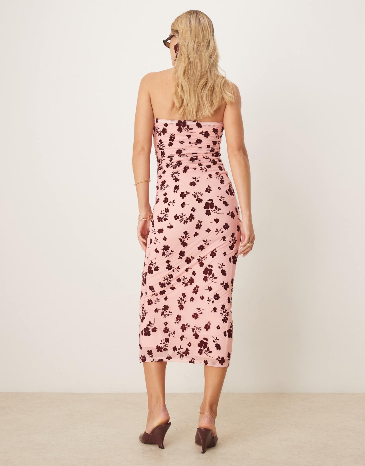 ASOS DESIGN bandeau ruched side floral flocked maxi dress in pink