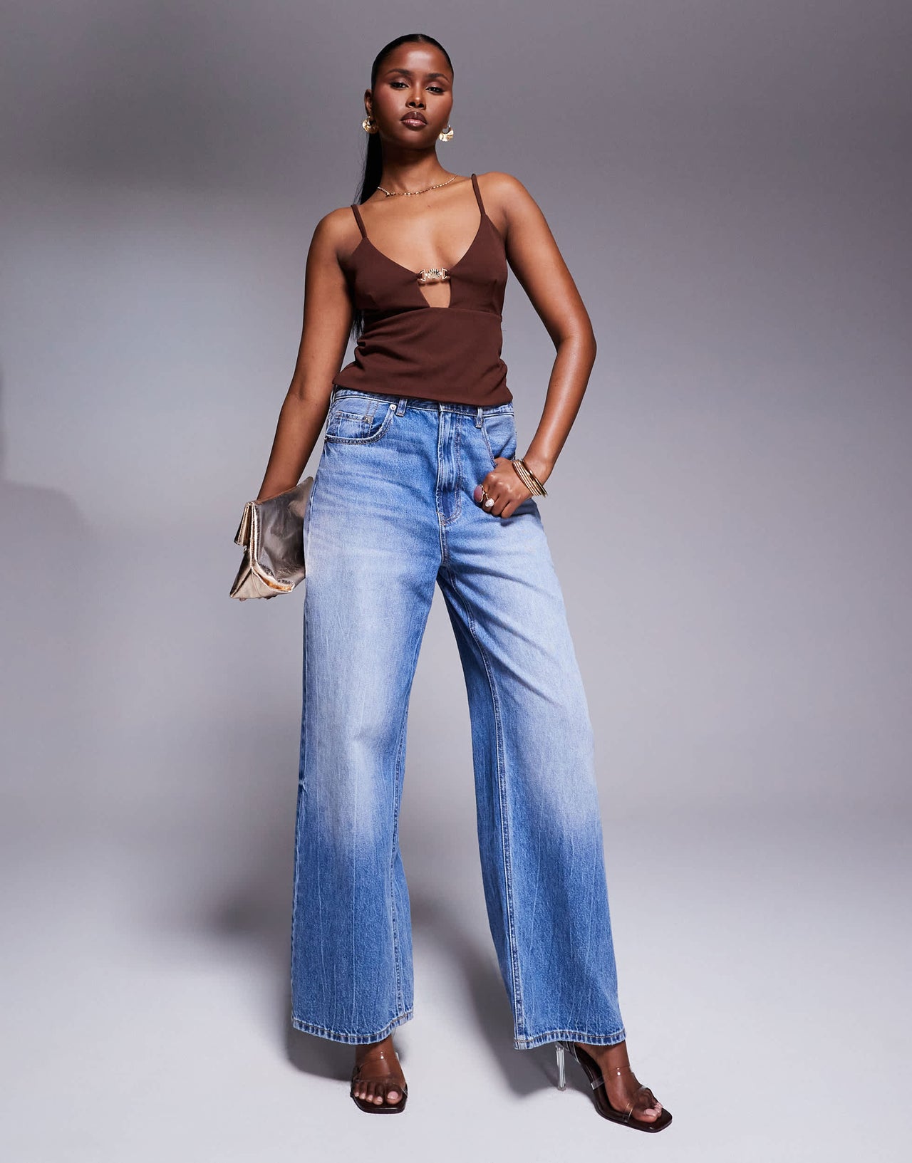 ASOS DESIGN bust cup cami top with gold trim in brown