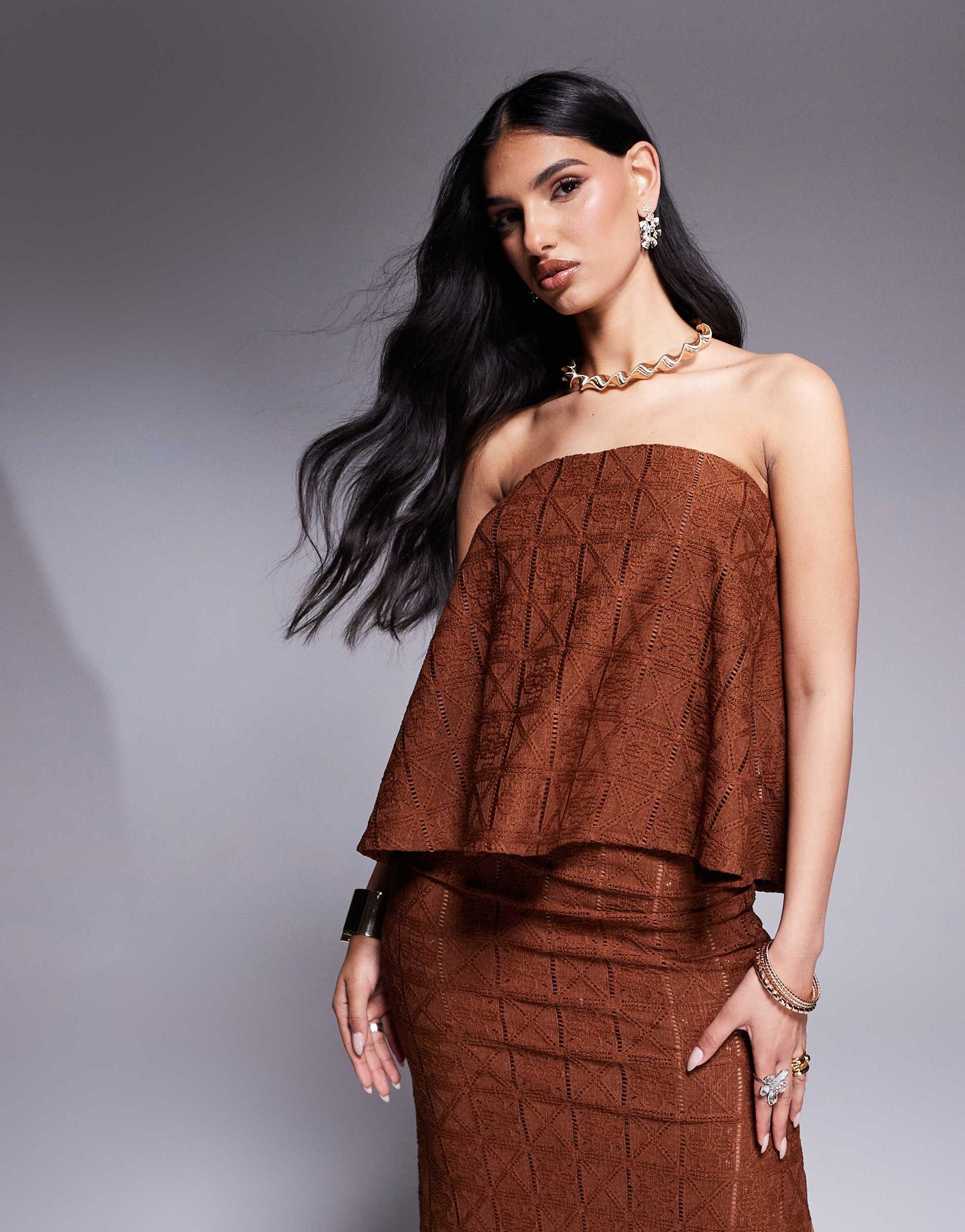 ASOS DESIGN co-ord loose fit crochet bandeau in chocolate