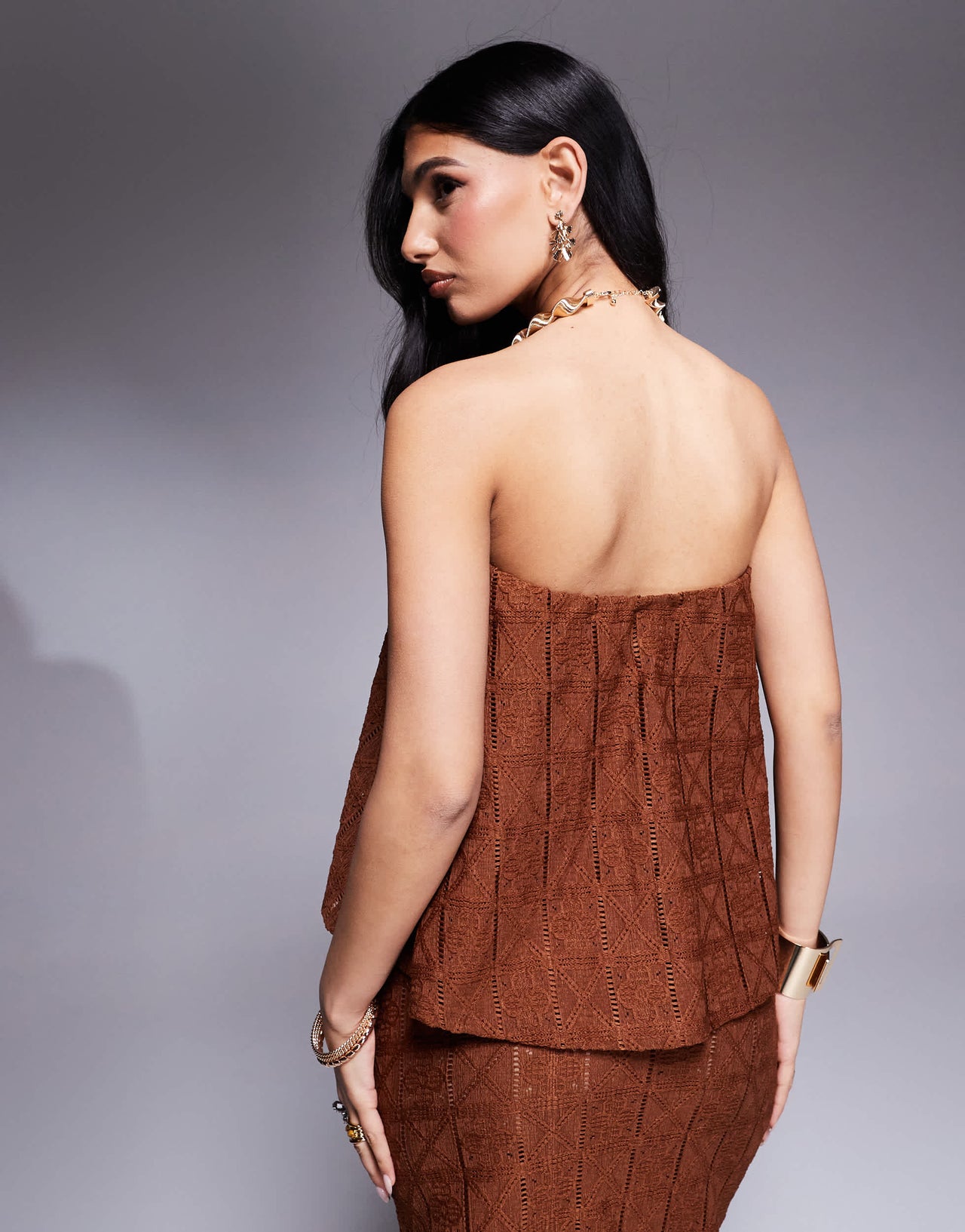 ASOS DESIGN co-ord loose fit crochet bandeau in chocolate