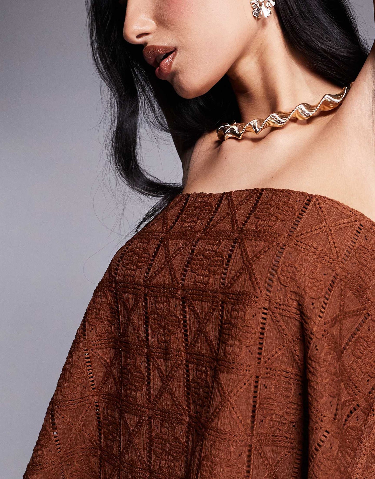 ASOS DESIGN co-ord loose fit crochet bandeau in chocolate