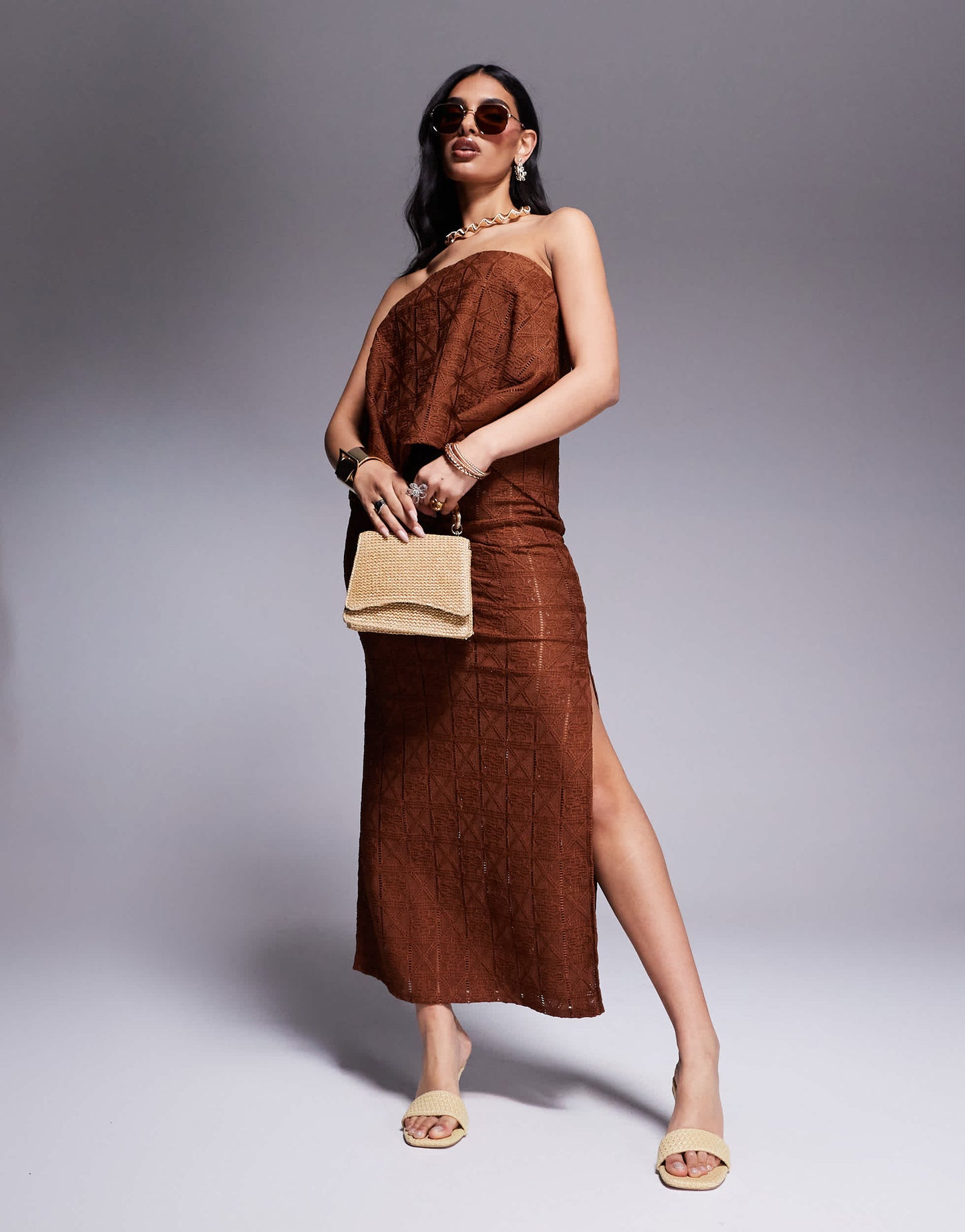 ASOS DESIGN co-ord loose fit crochet bandeau in chocolate