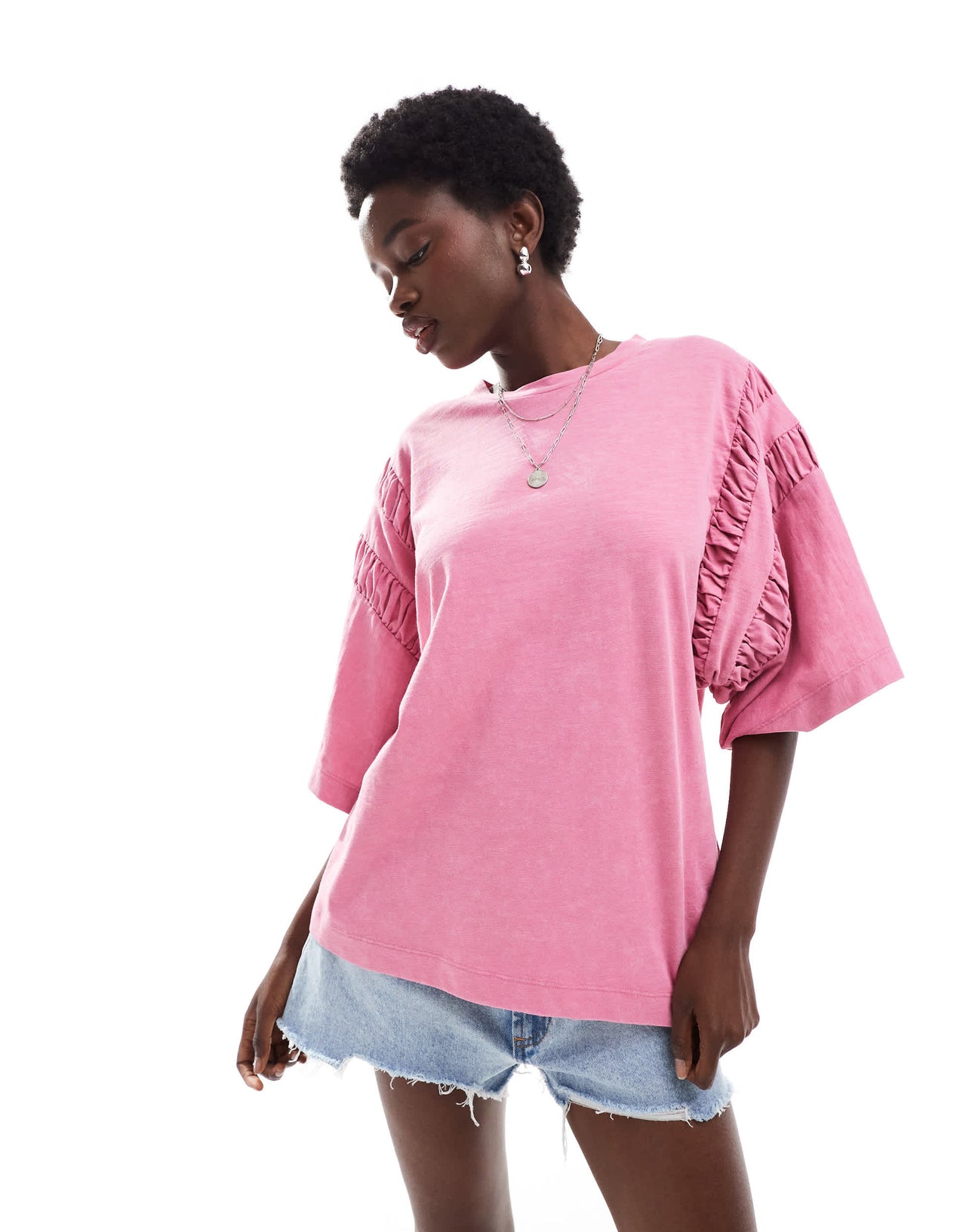 ASOS DESIGN oversized t-shirt with ruched sleeve detail in washed pink