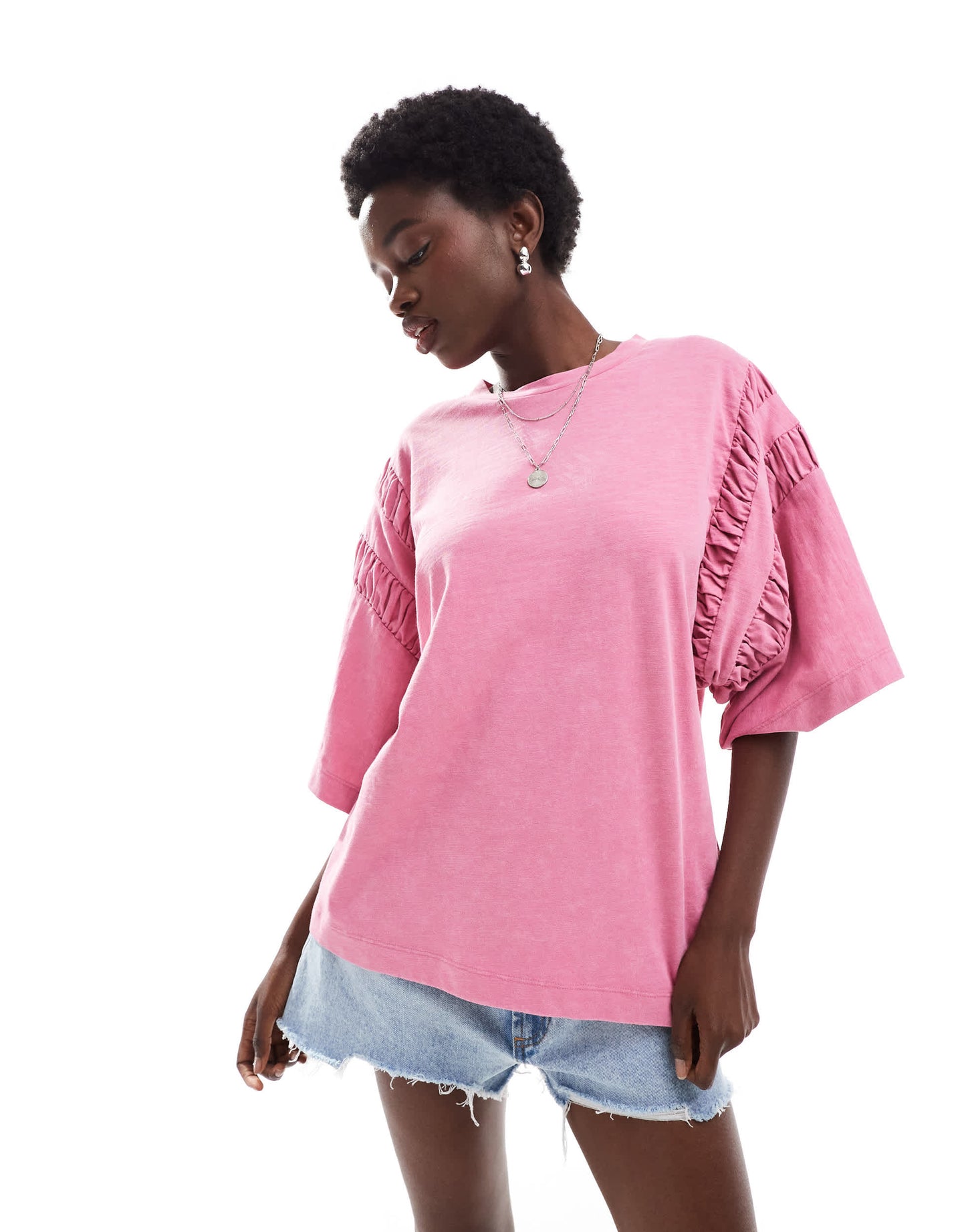 ASOS DESIGN oversized t-shirt with ruched sleeve detail in washed pink