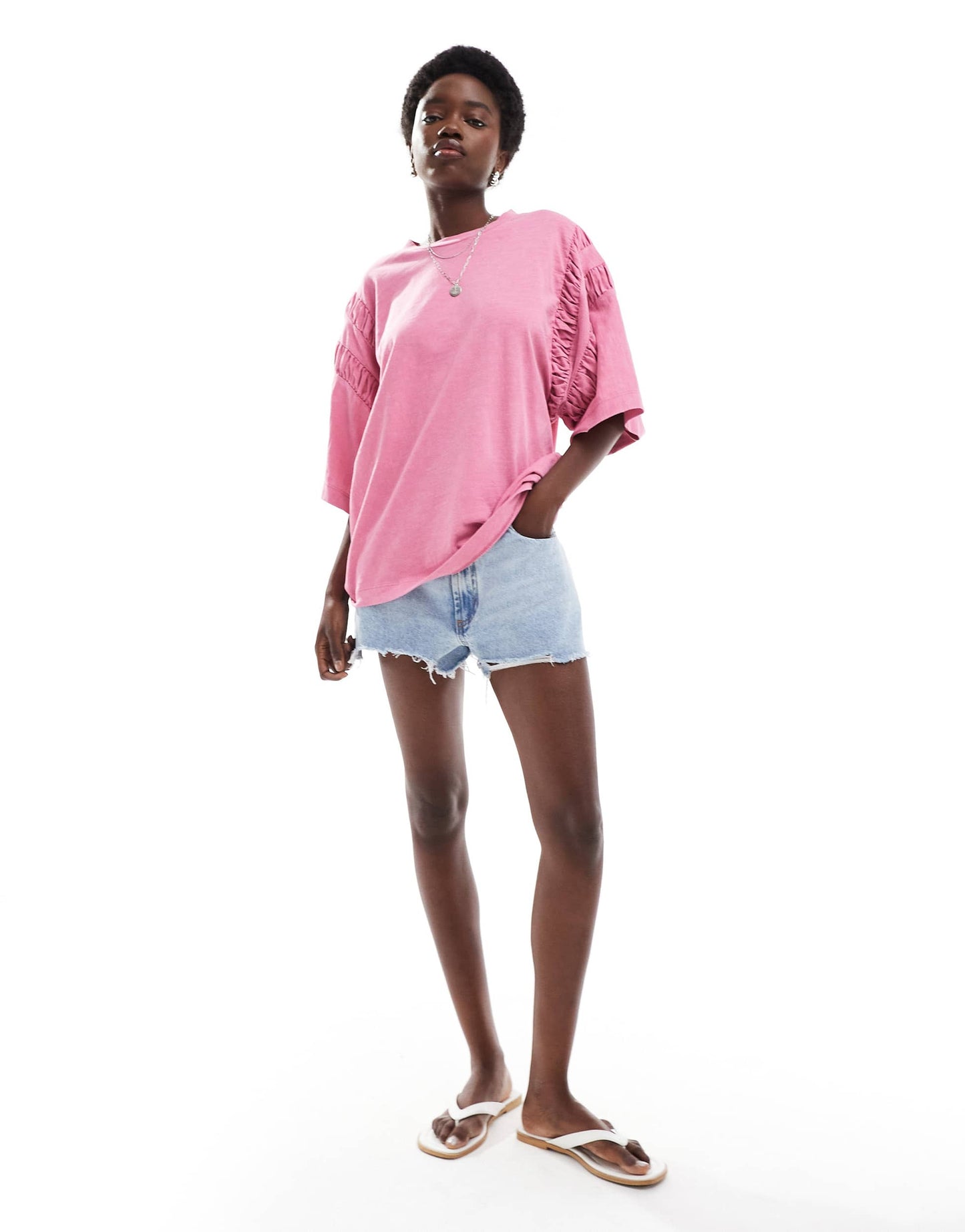 ASOS DESIGN oversized t-shirt with ruched sleeve detail in washed pink