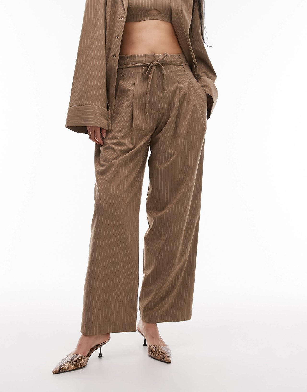 ASOS DESIGN wide leg pleated trouser in camel pinstripe