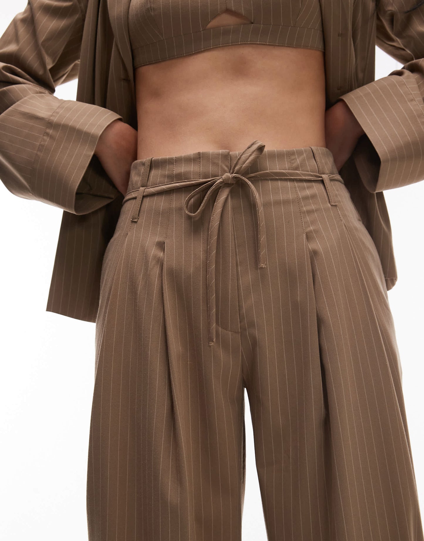 ASOS DESIGN wide leg pleated trouser in camel pinstripe