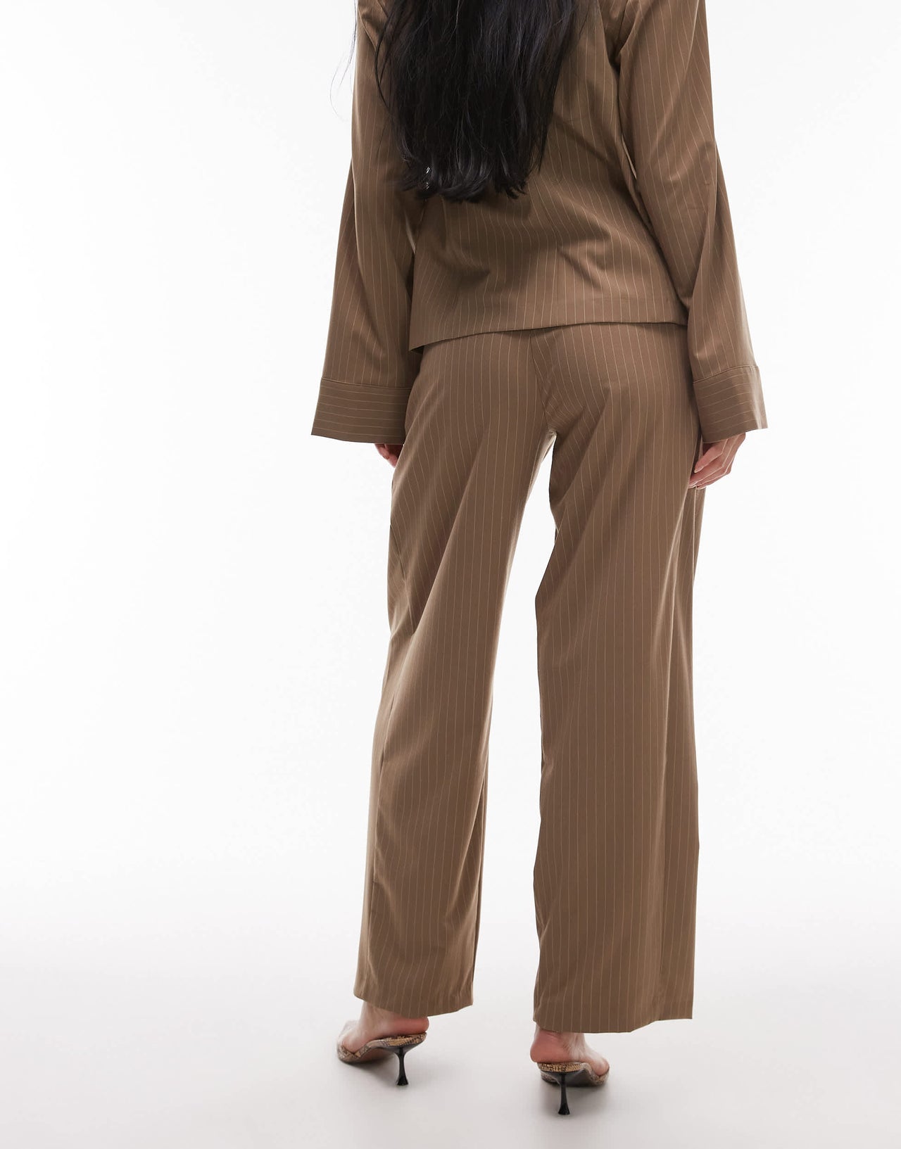 ASOS DESIGN wide leg pleated trouser in camel pinstripe