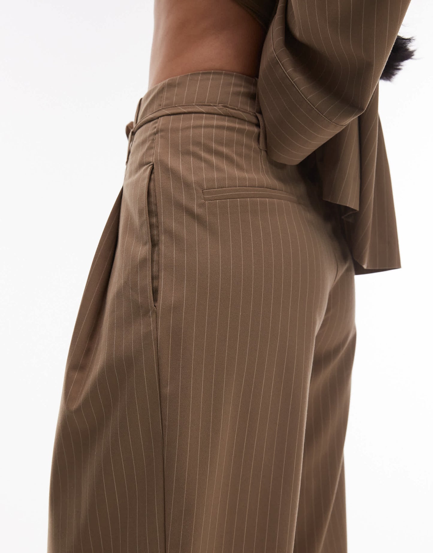 ASOS DESIGN wide leg pleated trouser in camel pinstripe