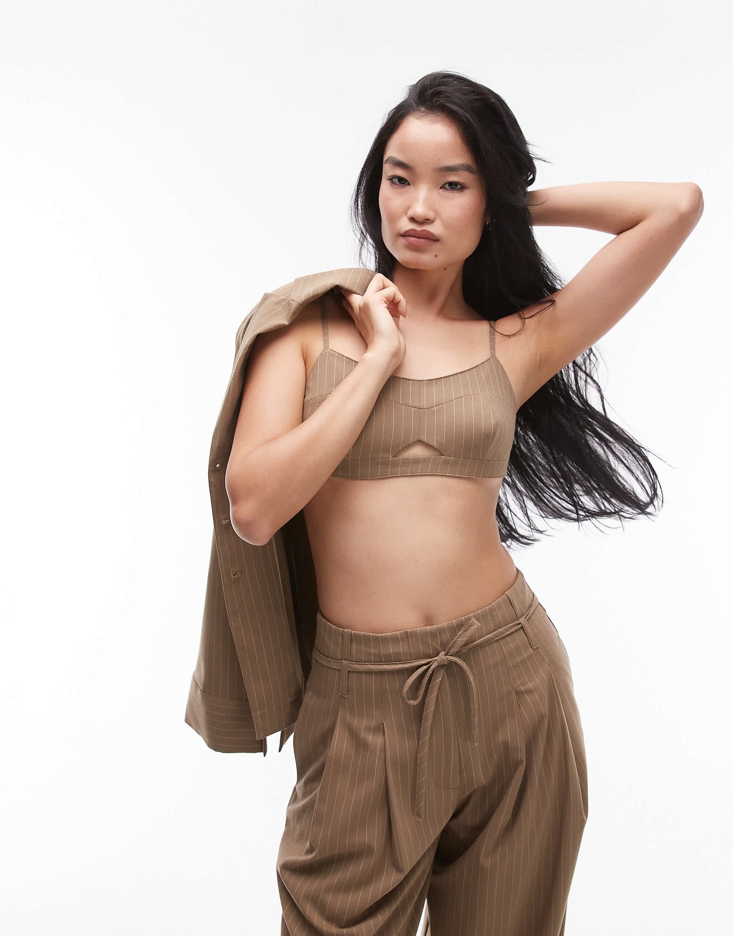 ASOS DESIGN tailored bralet in camel pinstripe