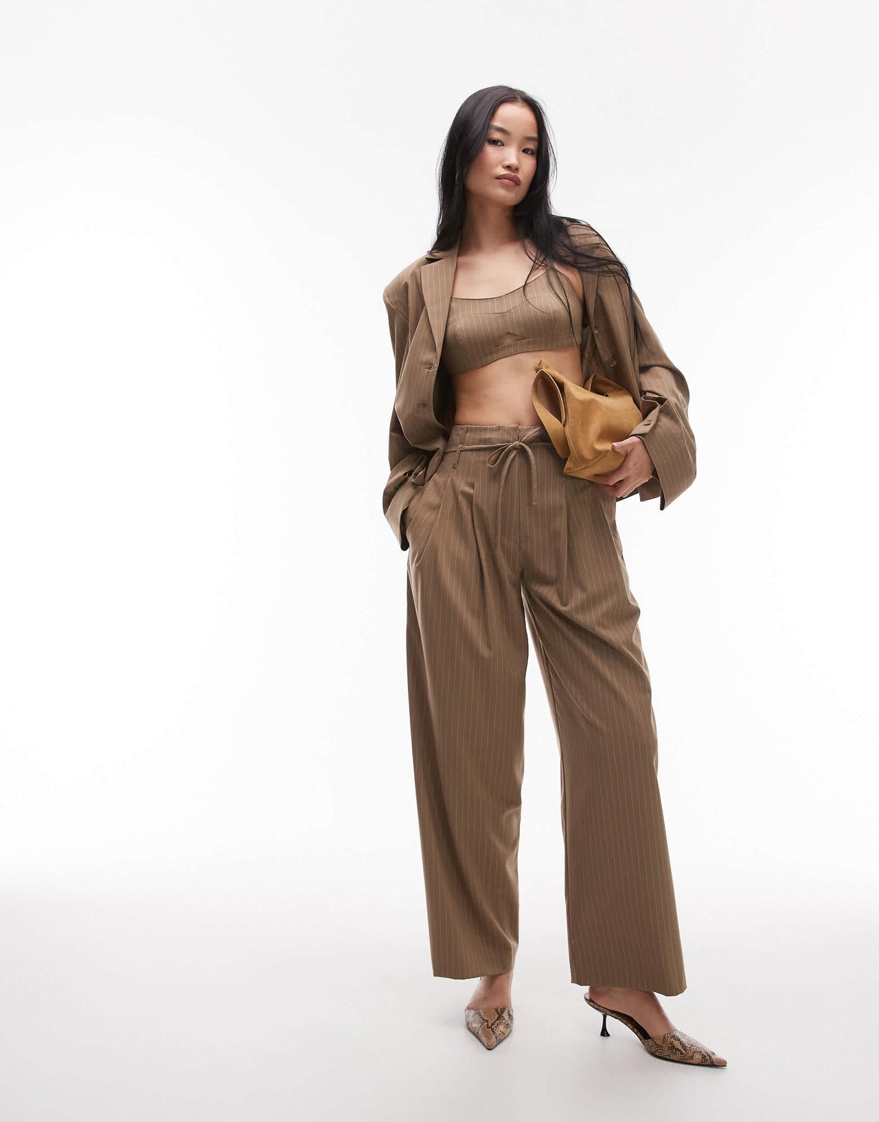 ASOS DESIGN tailored bralet in camel pinstripe