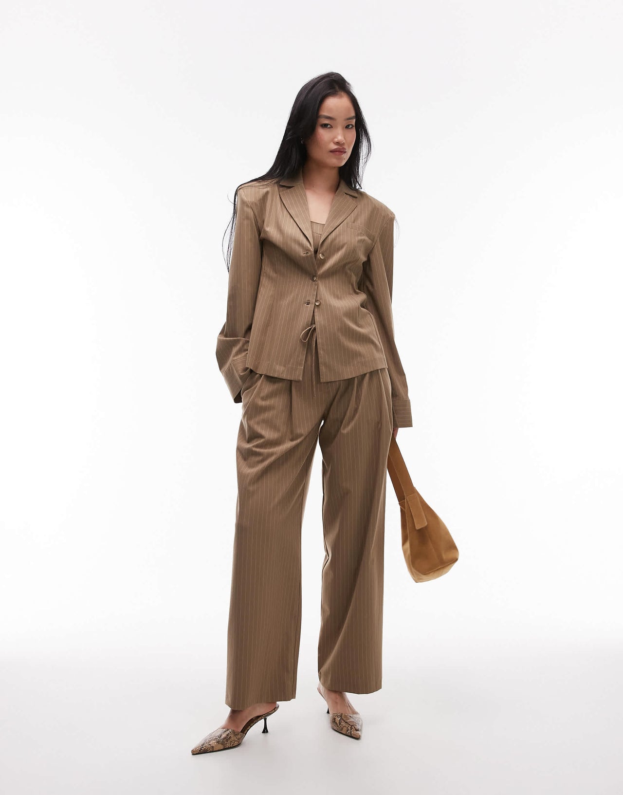 ASOS DESIGN shoulder pad tailored shirt in camel pinstripe