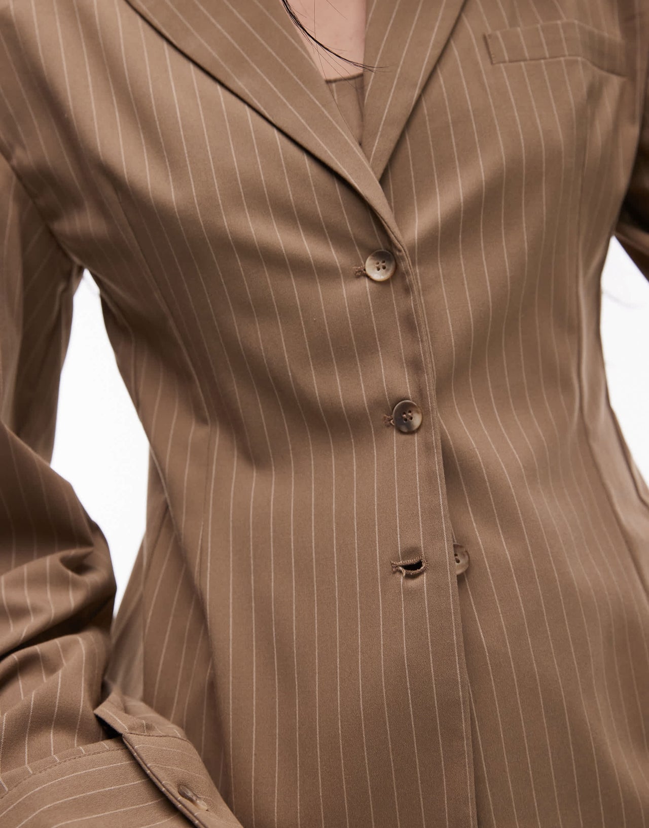 ASOS DESIGN shoulder pad tailored shirt in camel pinstripe