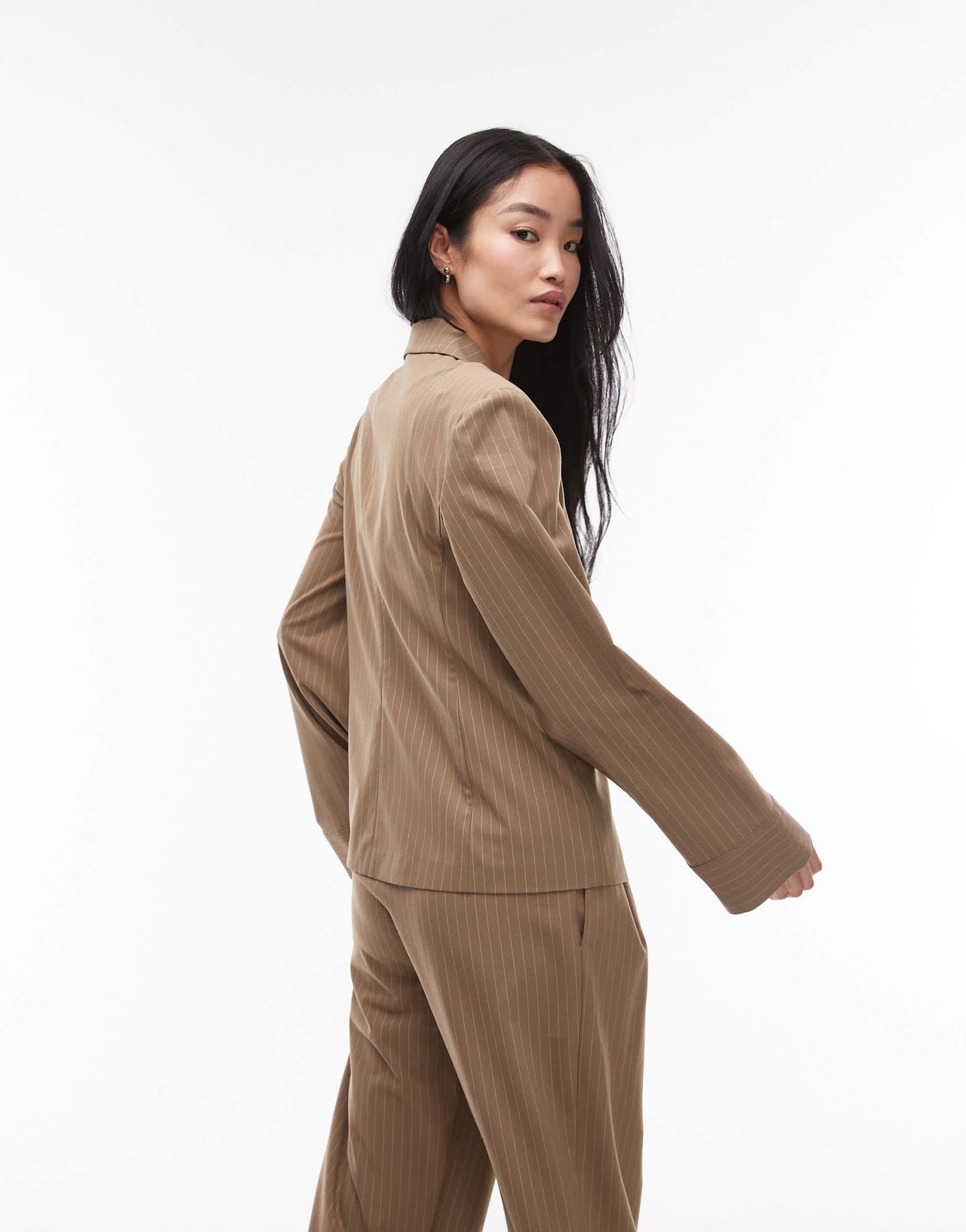 ASOS DESIGN shoulder pad tailored shirt in camel pinstripe