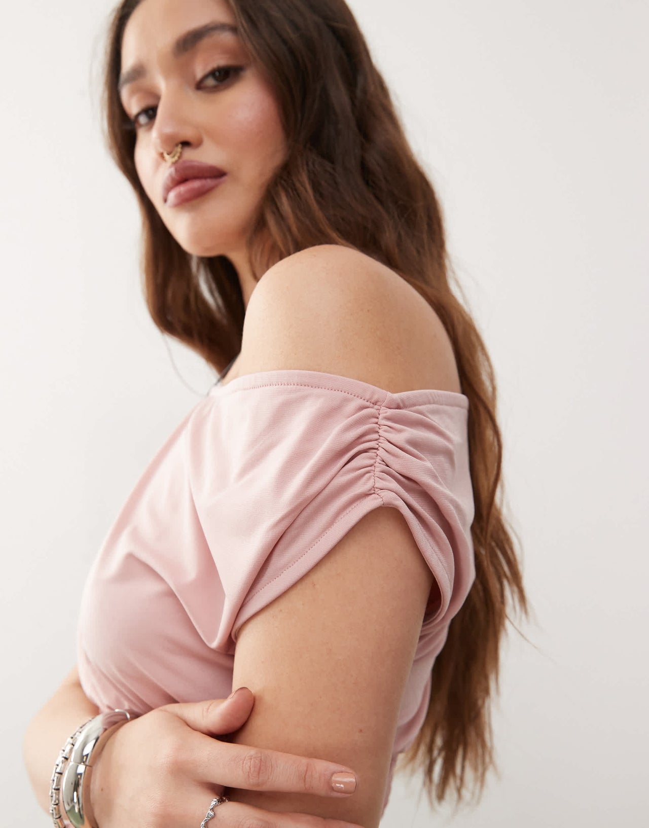 Reclaimed Vintage slinky one shoulder top with shirring waist in blush pink