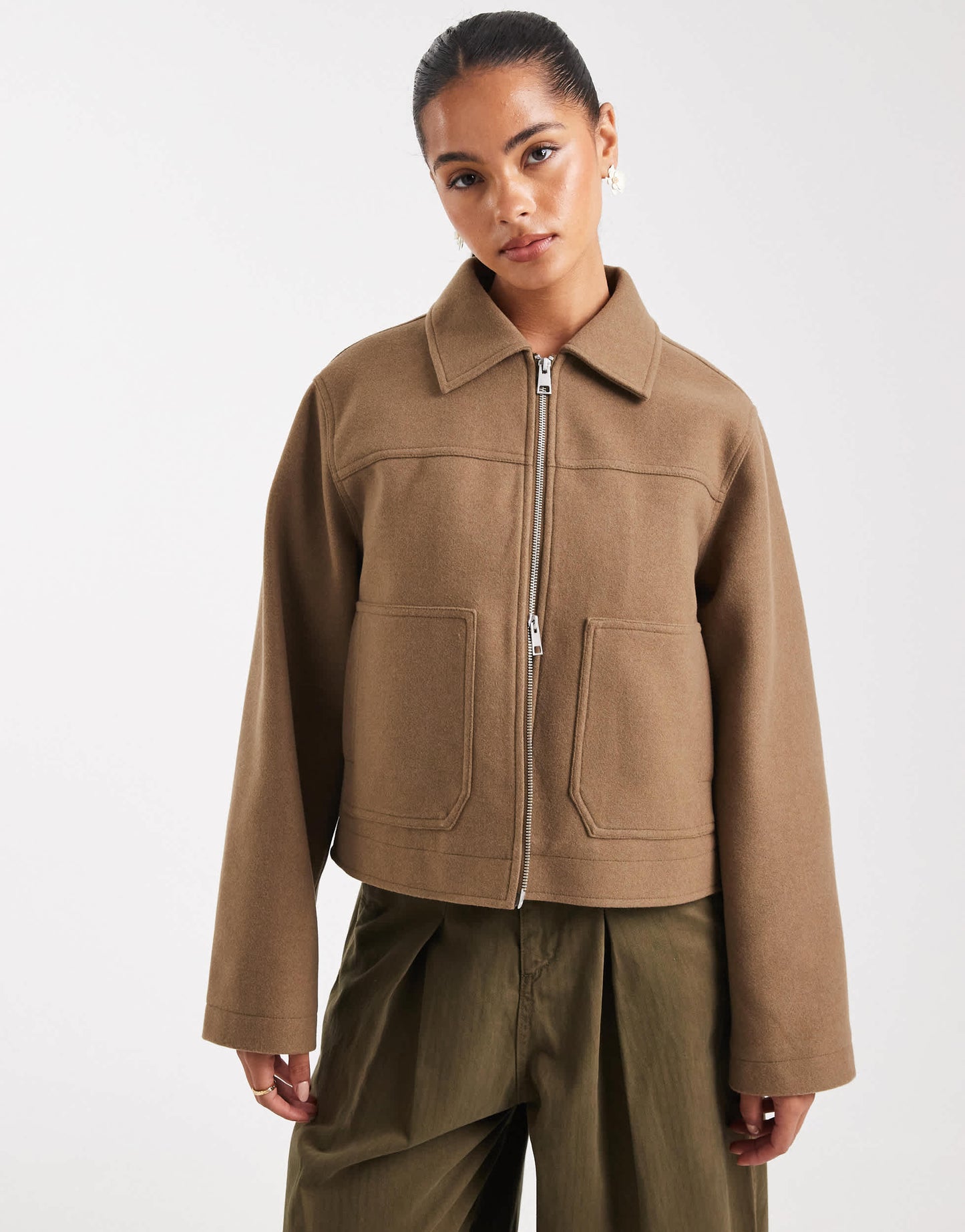 ASOS DESIGN top collar zip through jacket in camel