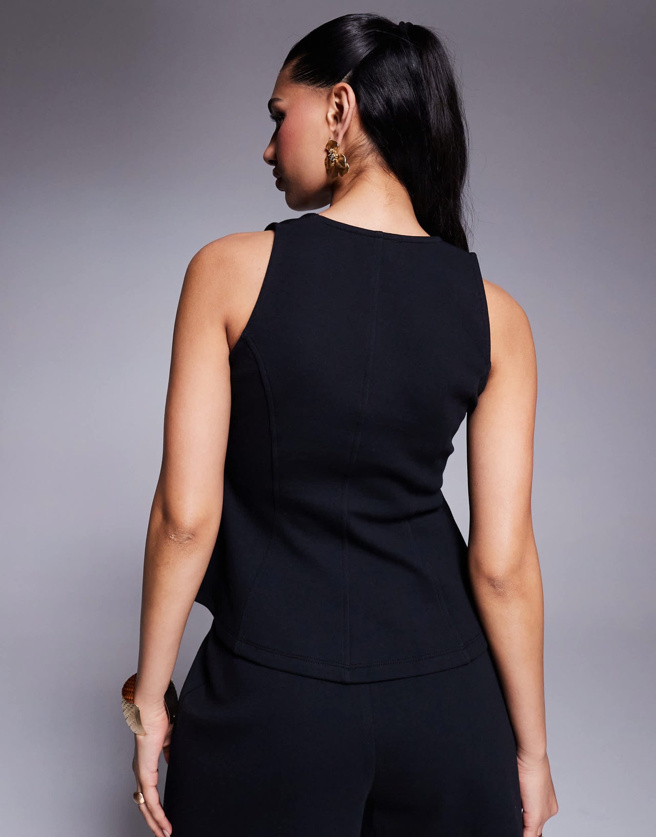 ASOS DESIGN ponte cinch waist square neck button down top in black