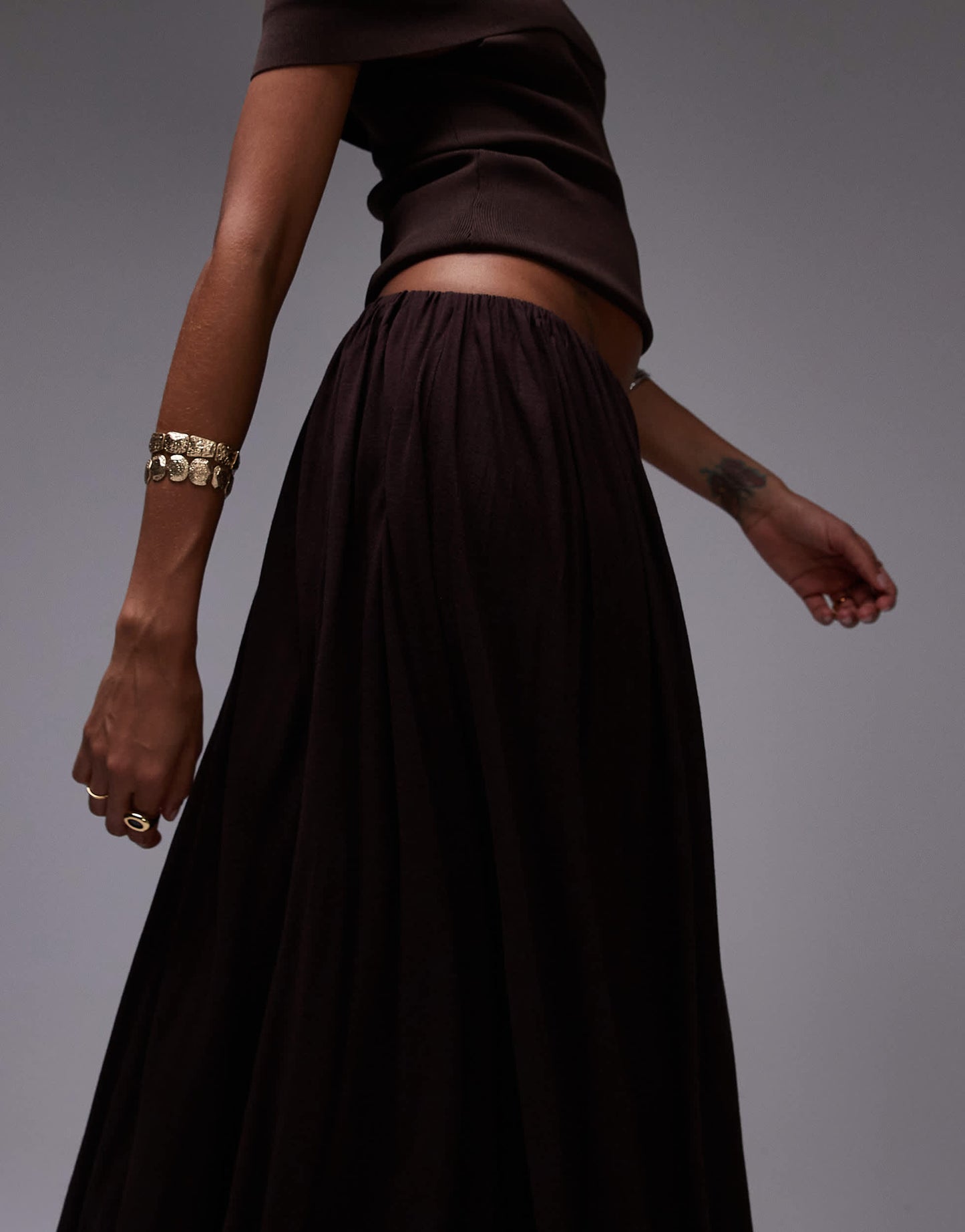 Mango capsule soft drape maxi skirt in deep chocolate