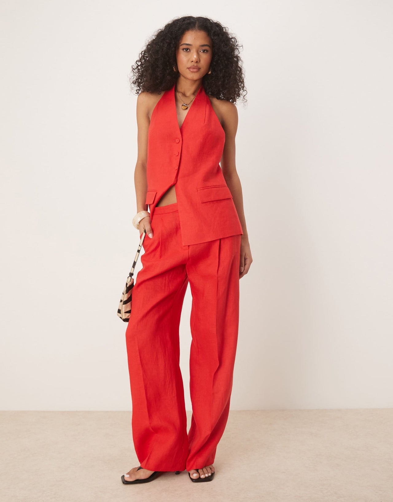 Mango halterneck linen waistcoat co-ord in red