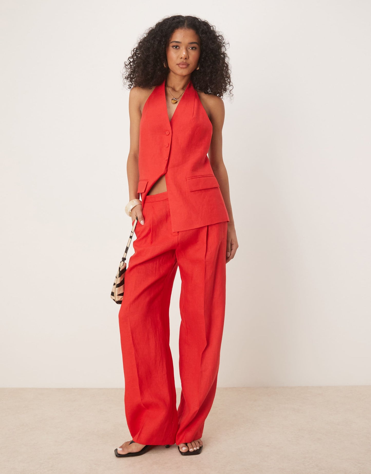 Mango halterneck linen waistcoat co-ord in red