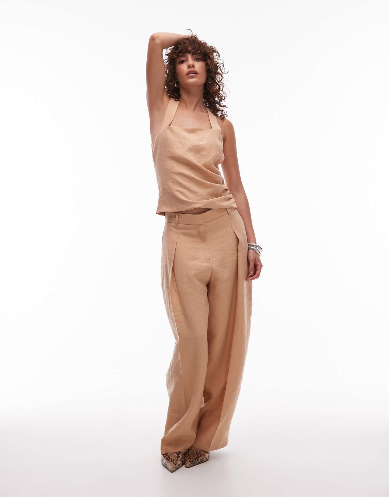 Mango cotton halter cinched side top co-ord in beige