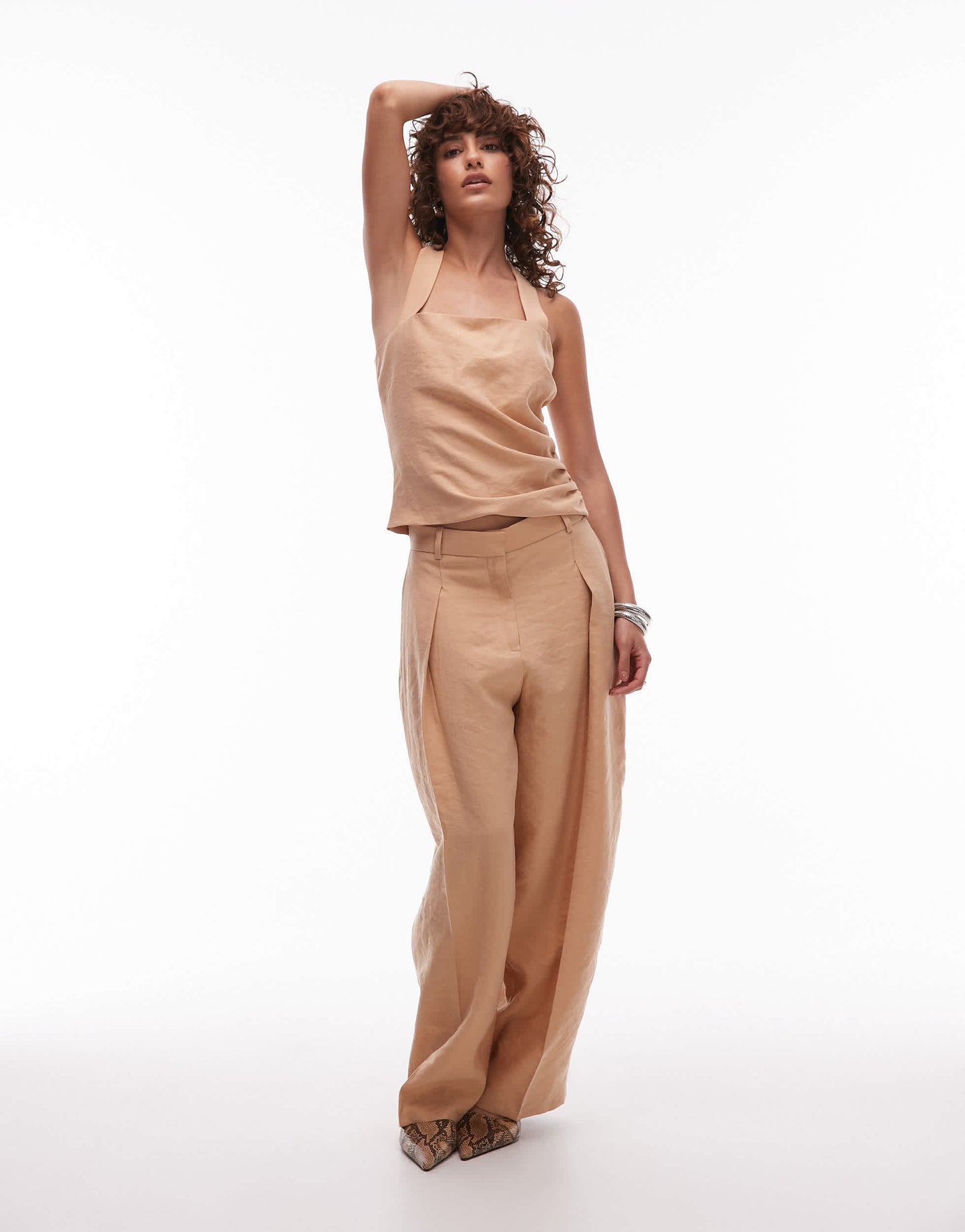 Mango cotton halter cinched side top co-ord in beige