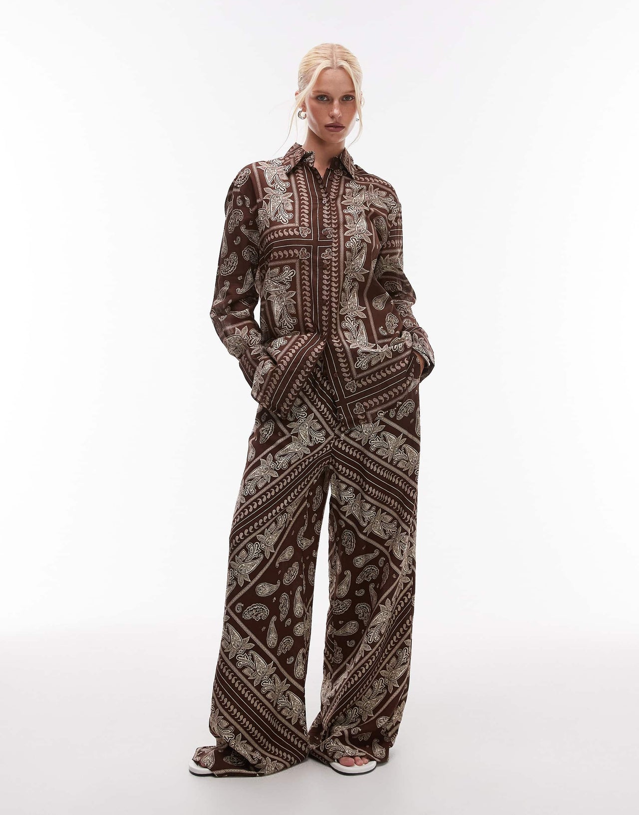Mango bandana print shirt co-ord in dark brown