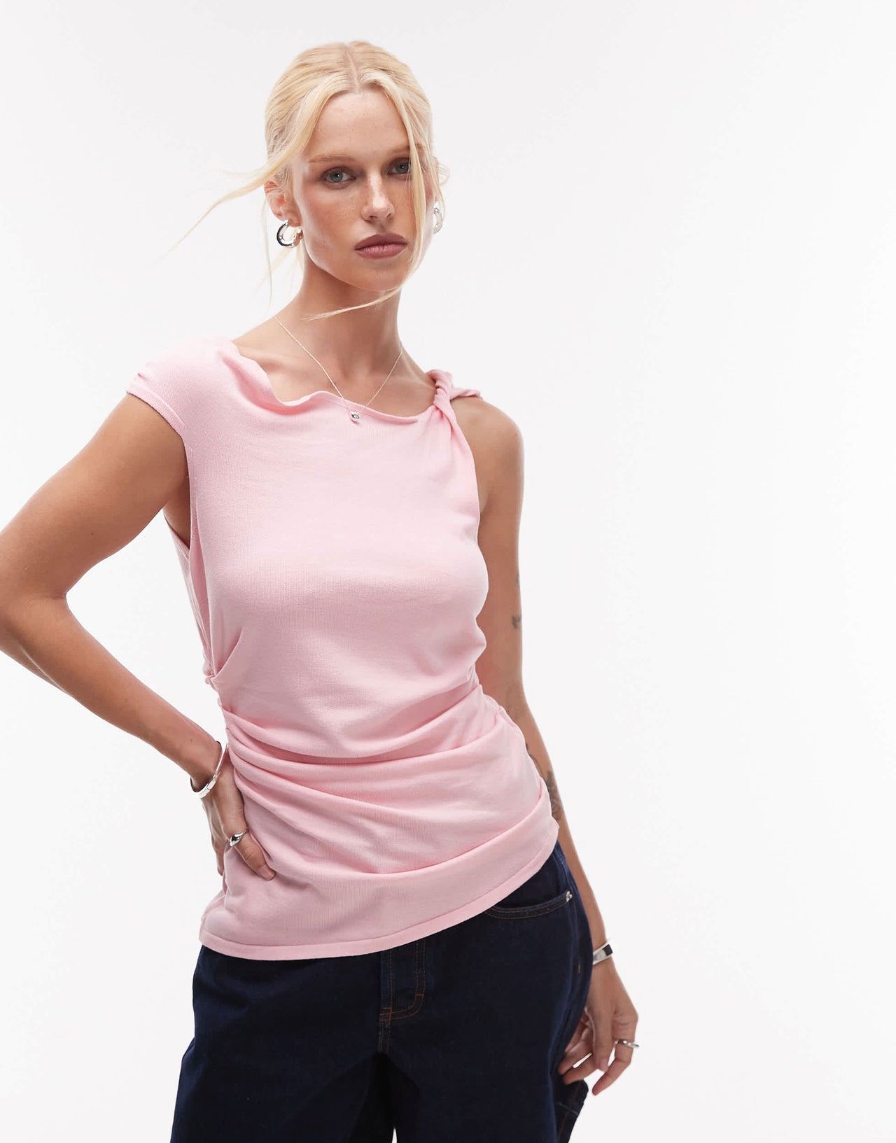 Mango knotted shoulder asymetric top in pastel pink