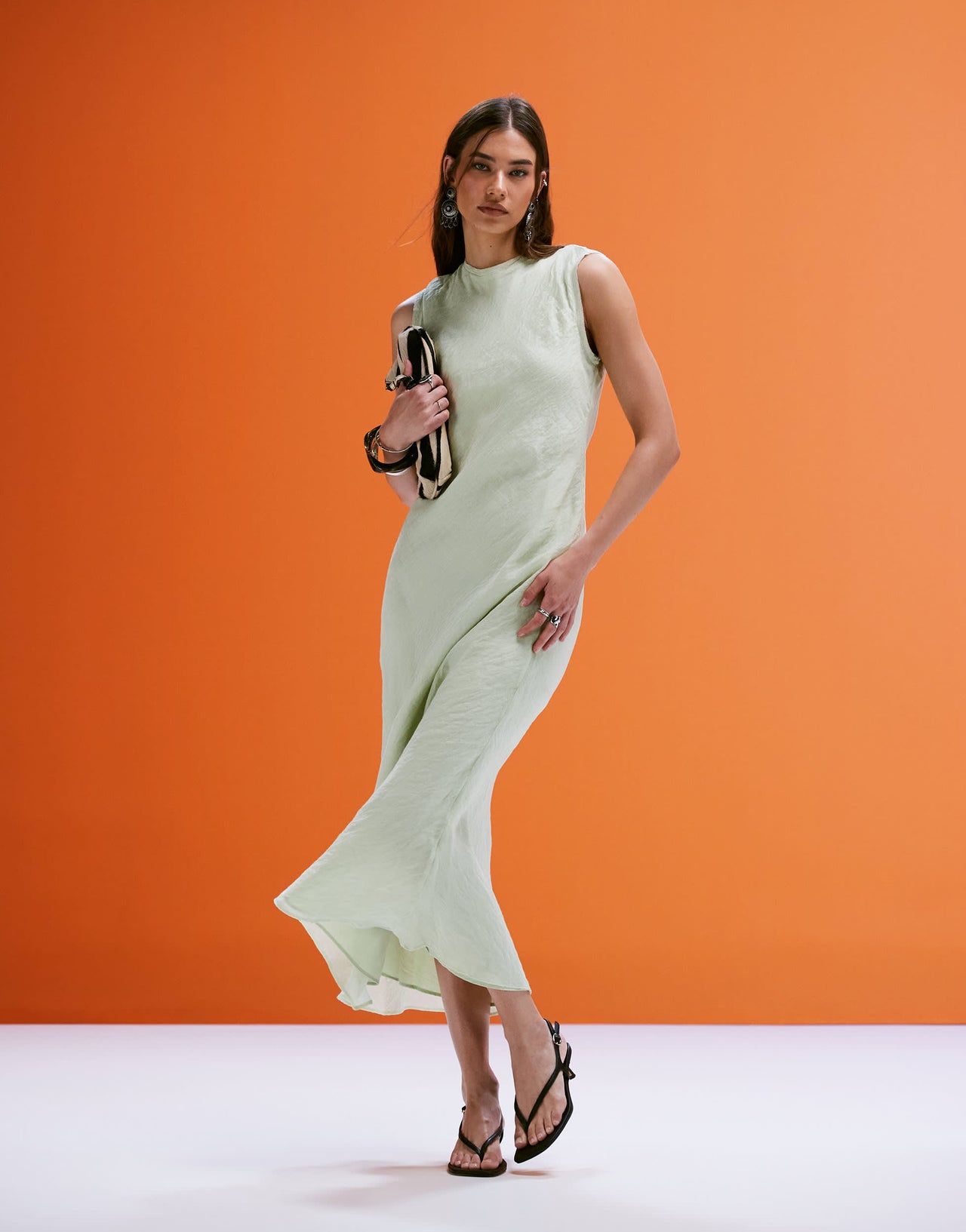 Mango open back satin midi dress in sage green