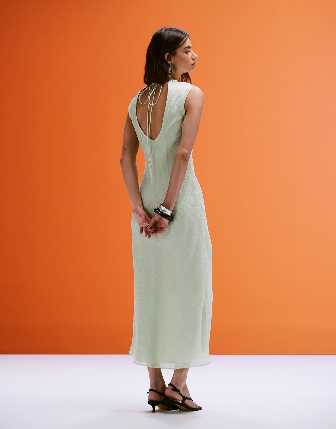 Mango open back satin midi dress in sage green
