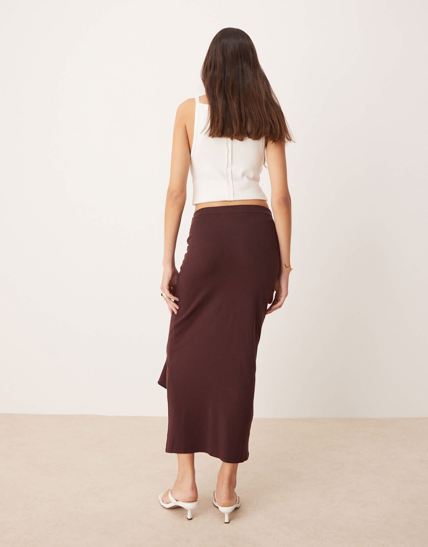 Mango gathered tie waist detail skirt in dark brown