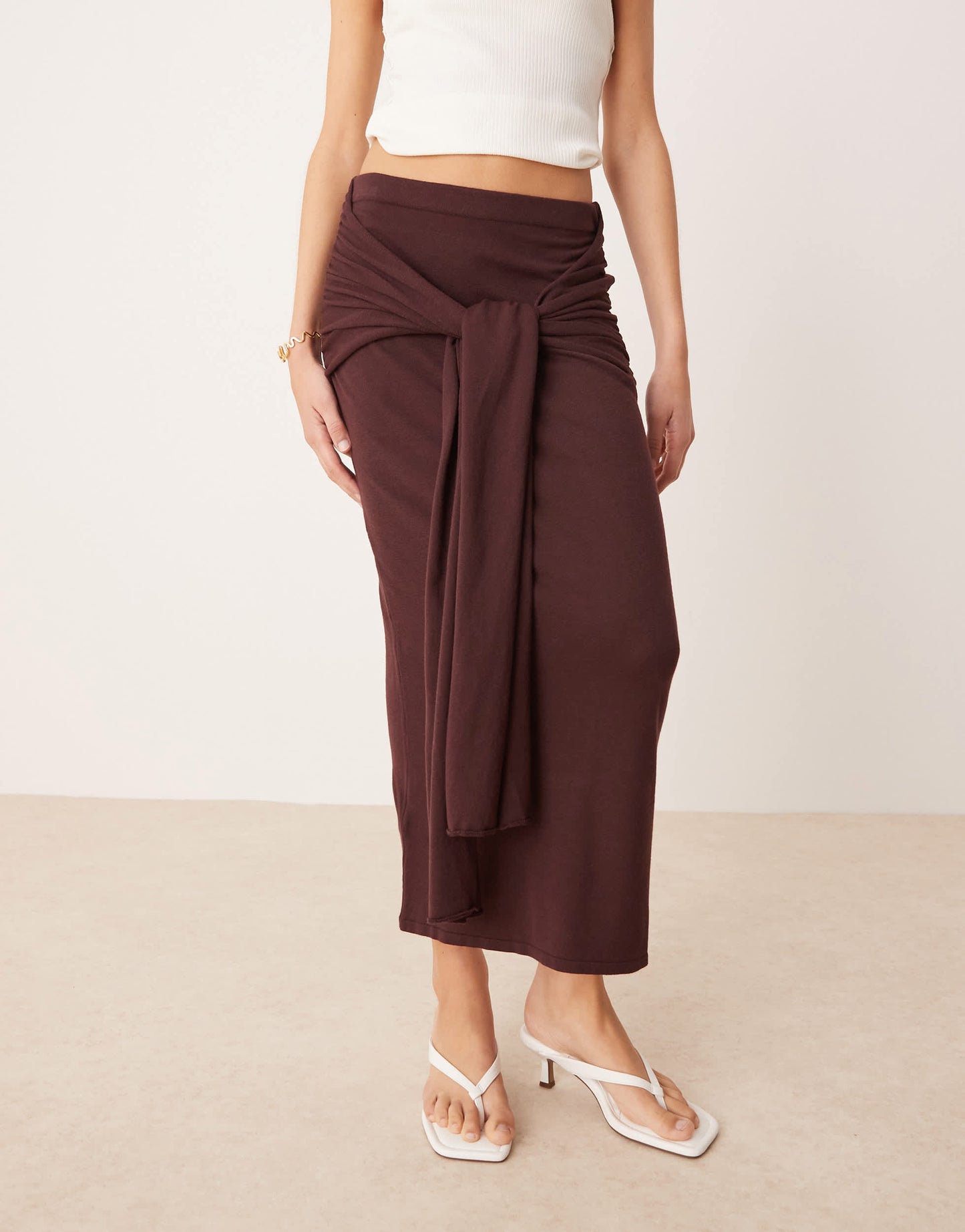 Mango gathered tie waist detail skirt in dark brown