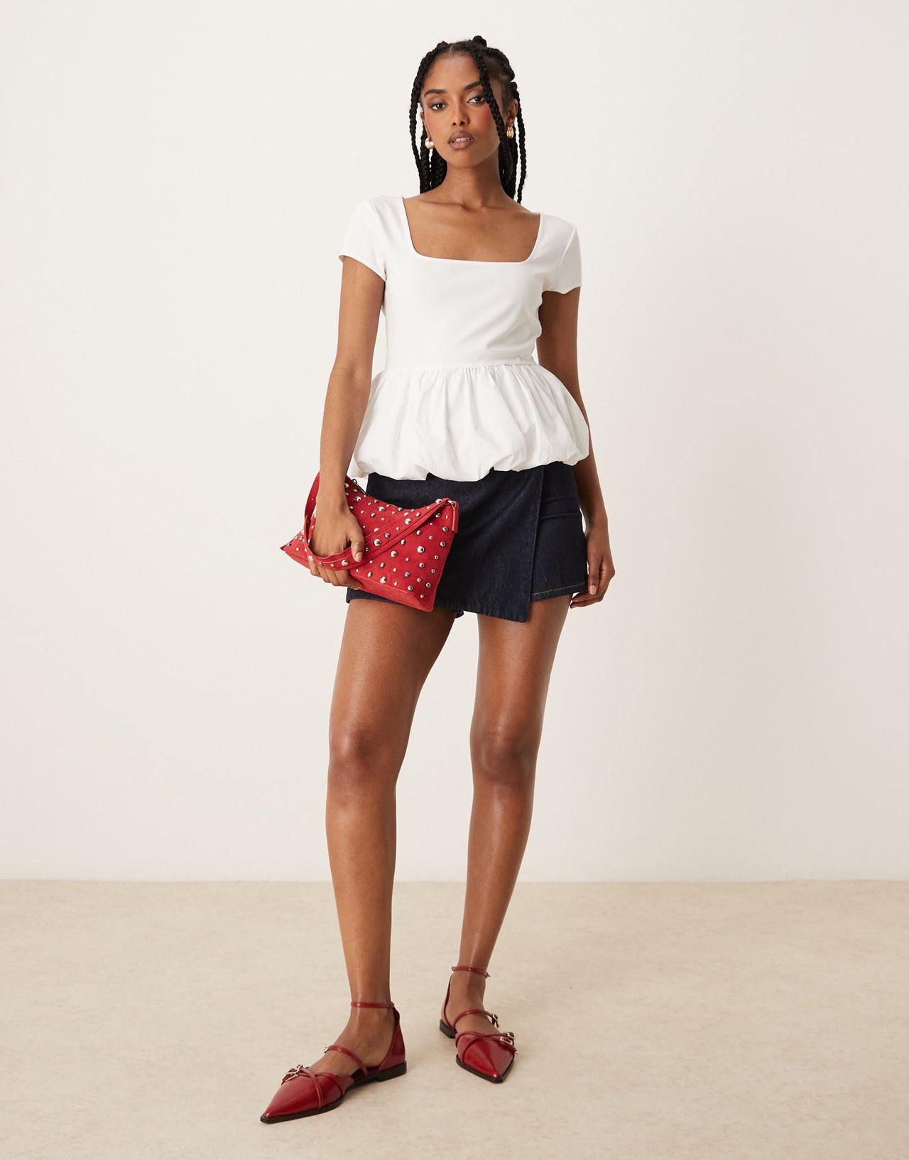 Mango square neck short sleeve ruffle hem top in white
