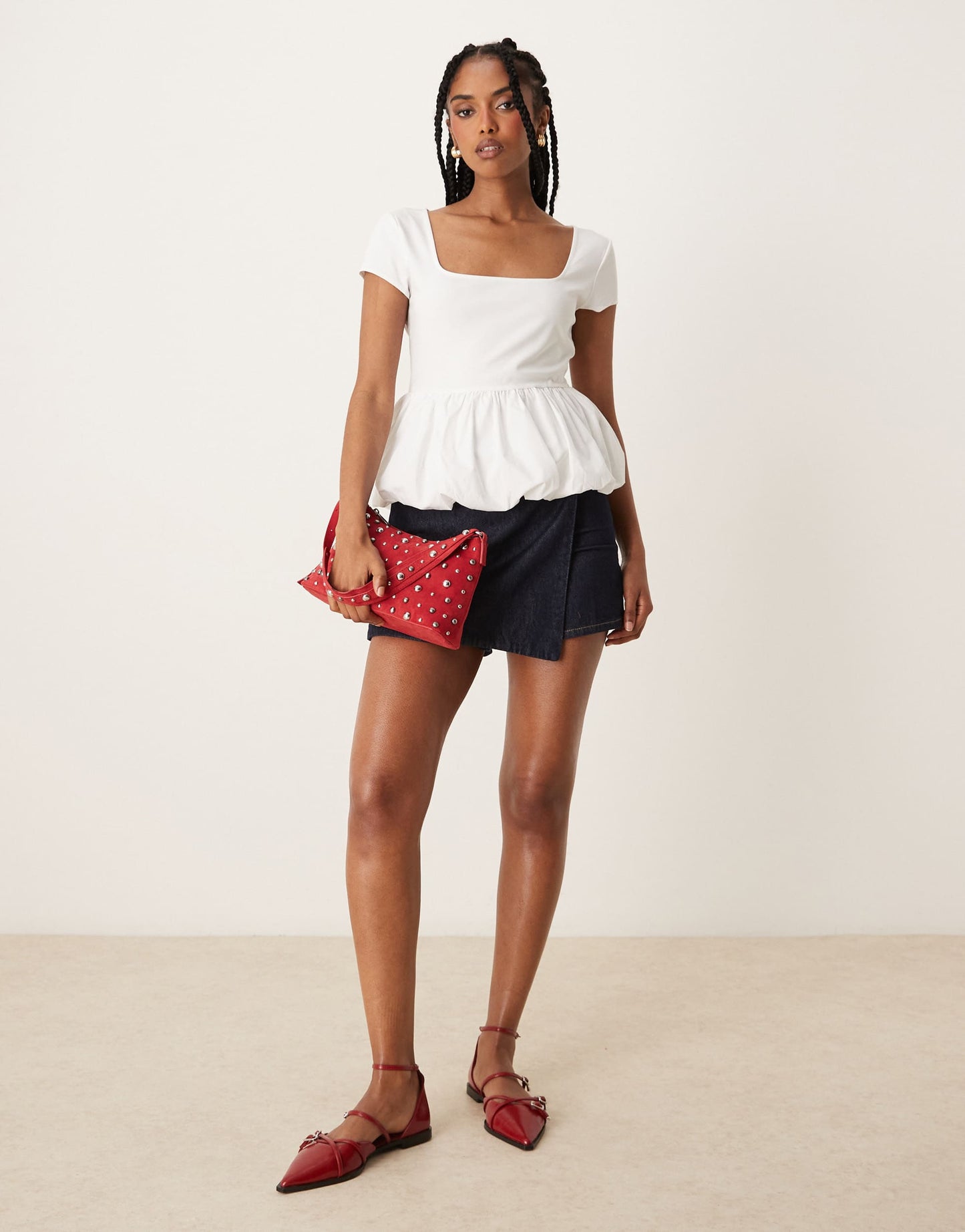 Mango square neck short sleeve ruffle hem top in white