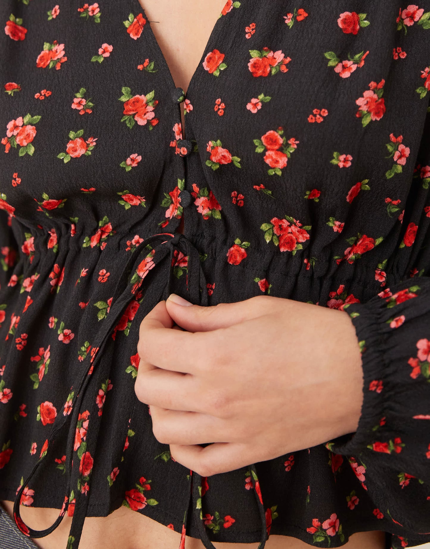 Mango tie front rose print blouse in black