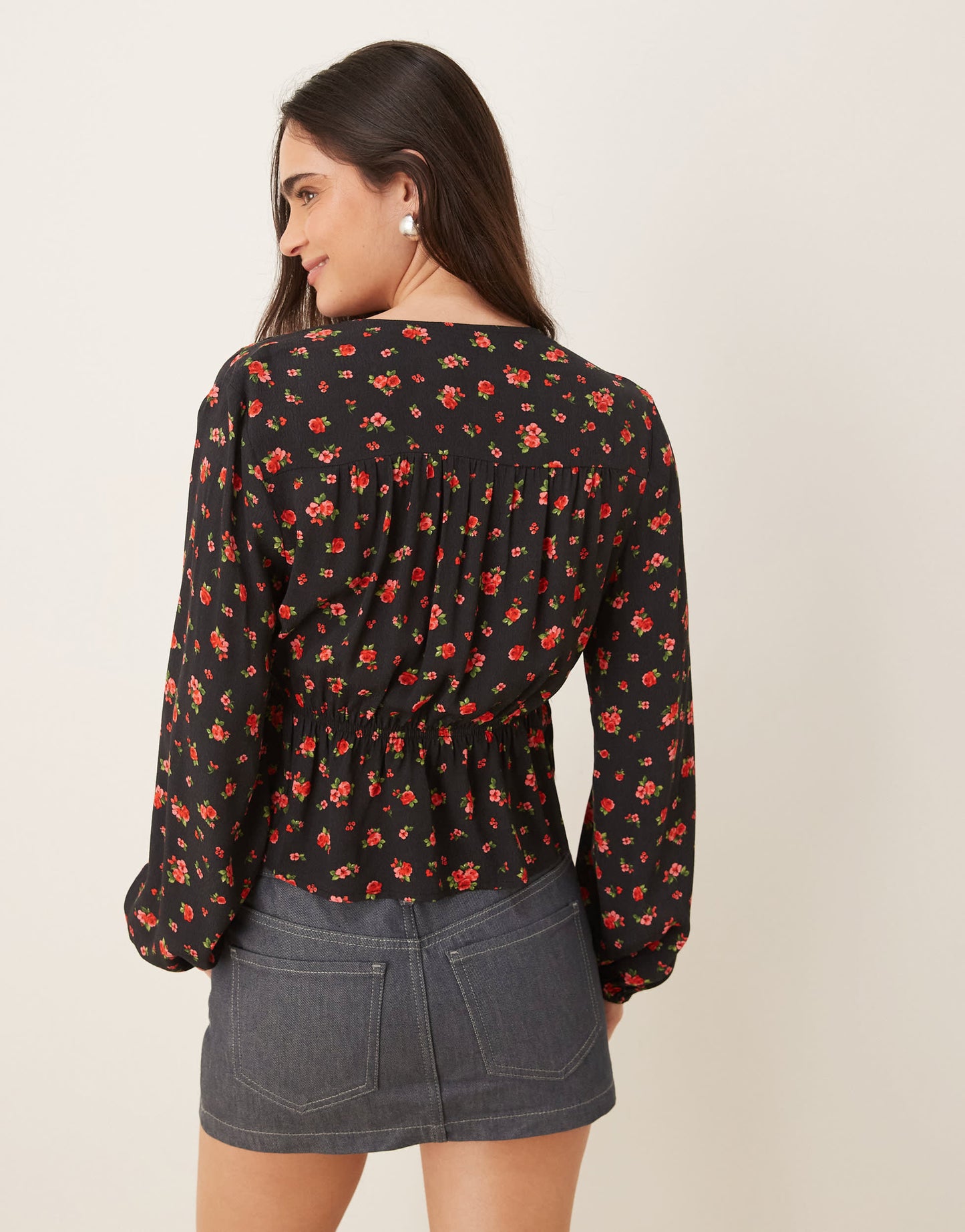 Mango tie front rose print blouse in black