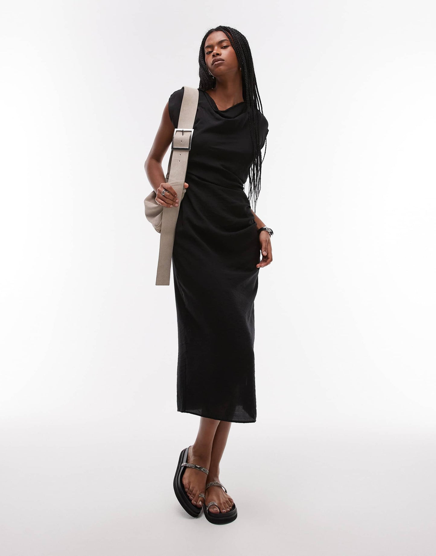 Mango cap sleeve midi dress with ruched side in black