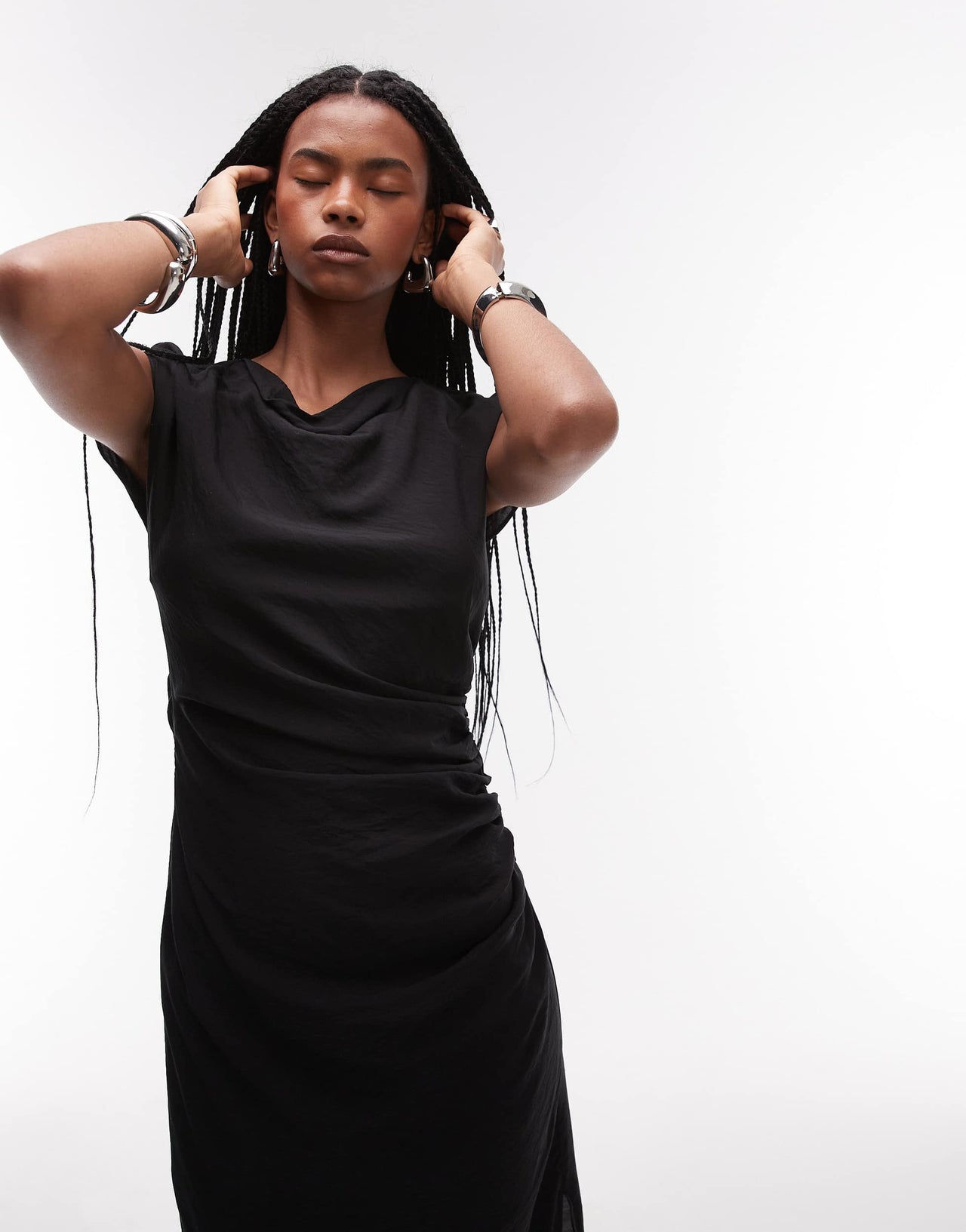Mango cap sleeve midi dress with ruched side in black