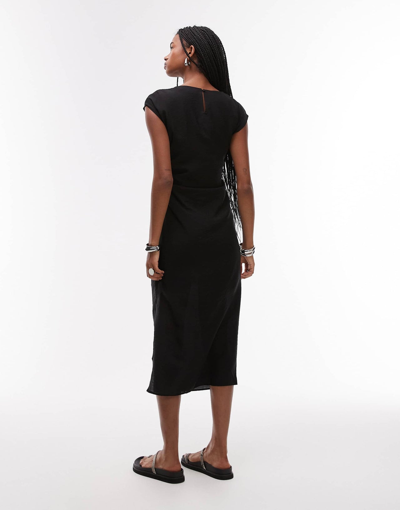 Mango cap sleeve midi dress with ruched side in black