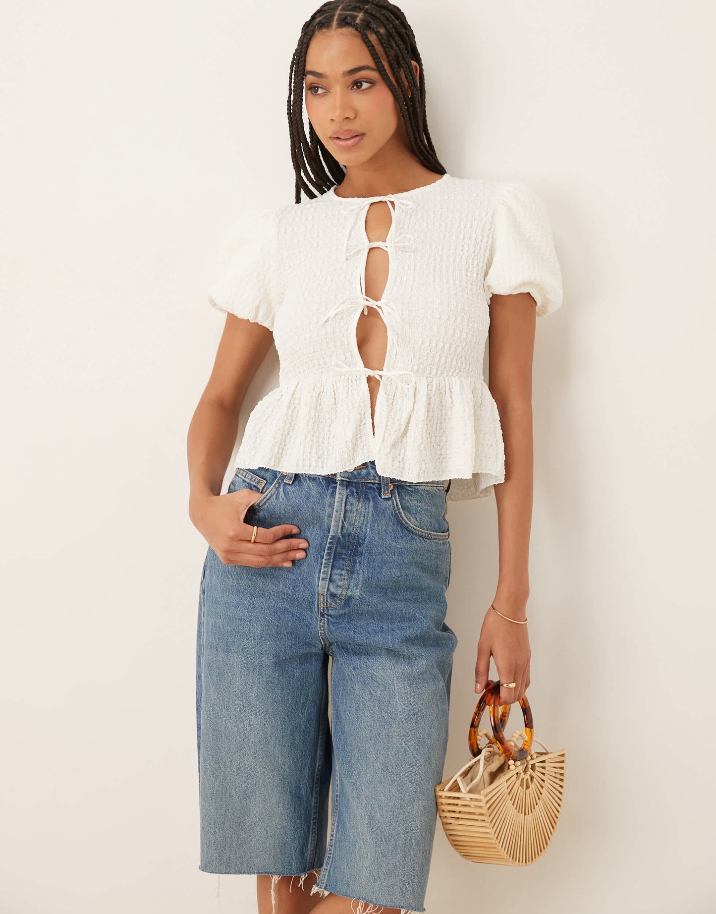 Mango crinkle textures tie front blouse in cream